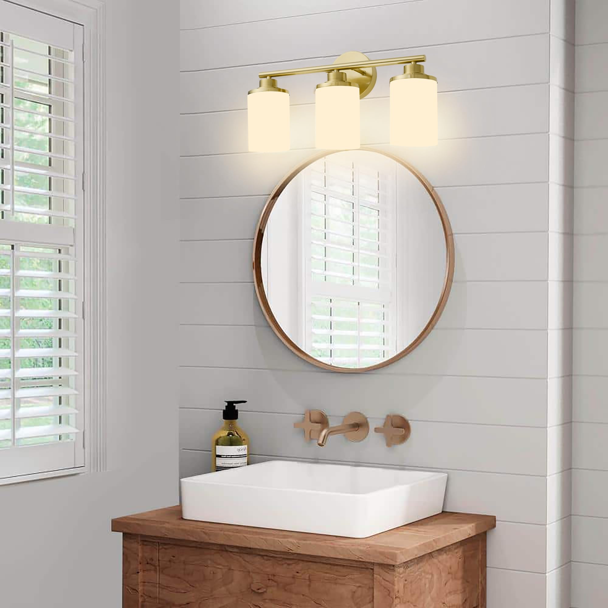 Halialumi Brushed Gold Bathroom Light Fixtures,3-Light Gold Vanity Lights,Brass Bathroom Lights Over Mirror,Mid-Century Modern Wall Sconces With Frosted Glass Shades For Bathroom,Living Room