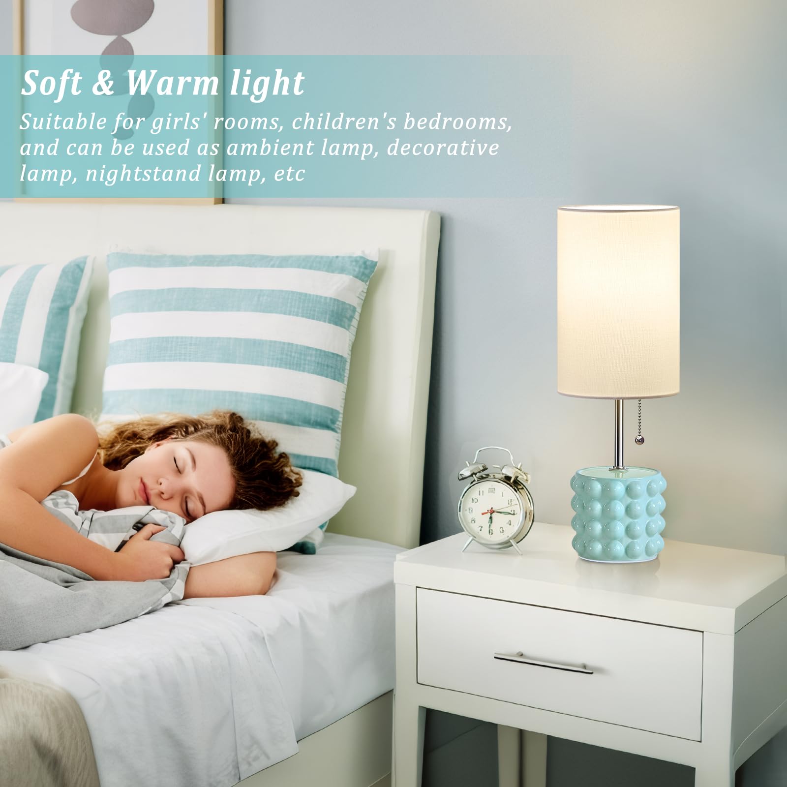 Gyrovu Ceramic Table Lamp Set Of 2, Small Bedside Table Lamps, Modern Pull Chain Nightstand Lamps With Fabric Shade, Blue Desk L