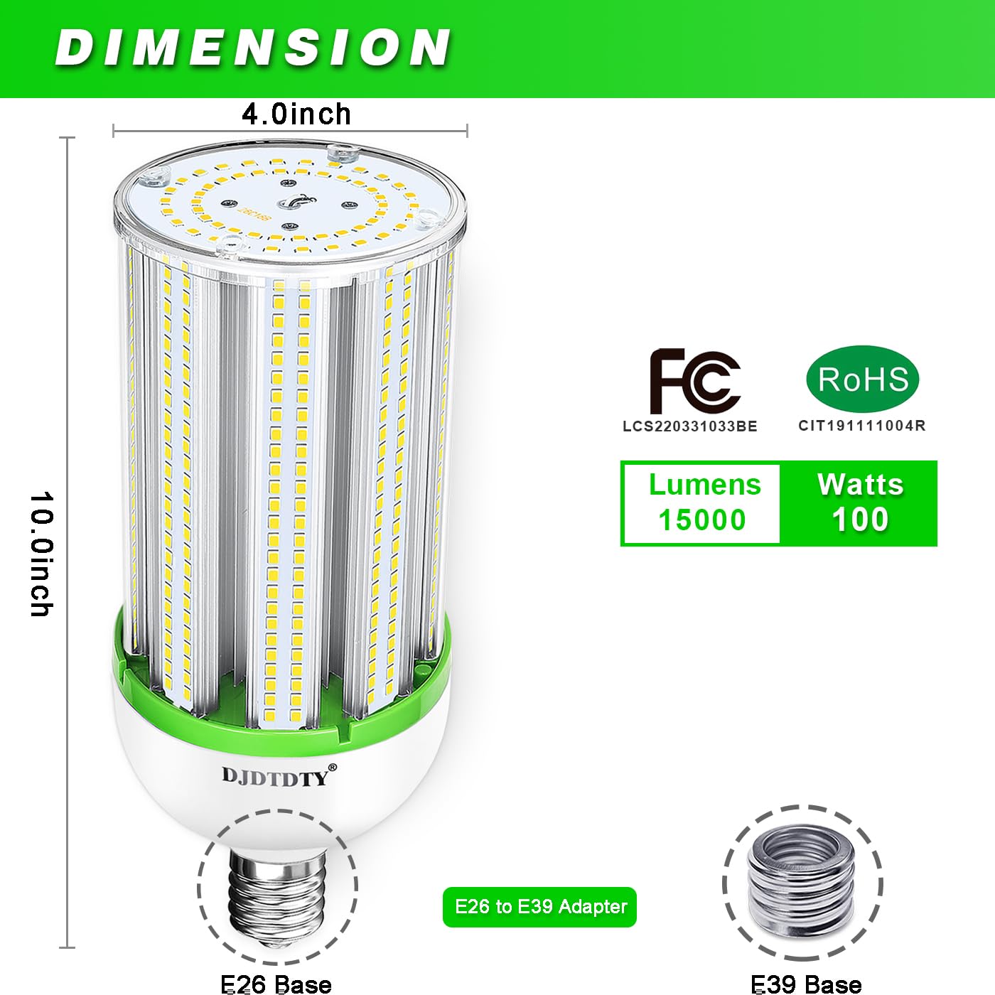 Djdtdty 100Wled Corn Bulb, E26 Base With E39 Adapter, 5000K 15000Lm Led Light Bulb For Garage Warehouse Workshop Barn (100Watts)