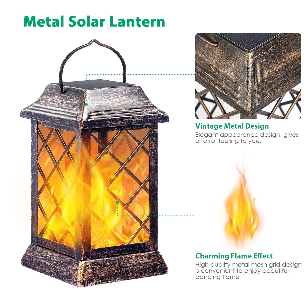 TomCare Solar Lanterns, 2 Pack, Metal, Waterproof, Flickering Flame, Bronze, Model SZ-20015