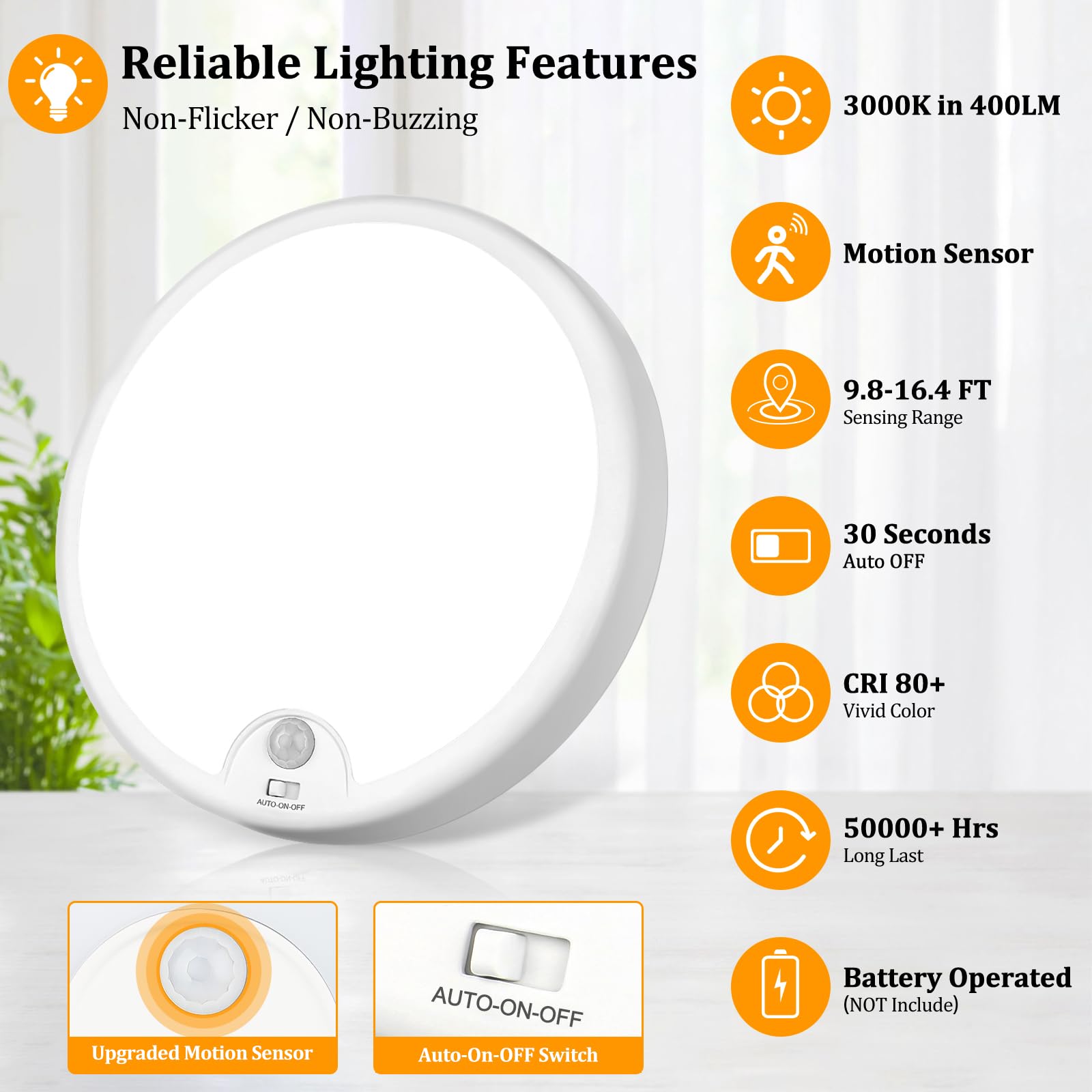 2-Pack Battery Operated Motion Sensor Led Ceiling Lights Indoor, Wireless Flush Mount Light Fixture 3000K In 400Lm, Battery Powe