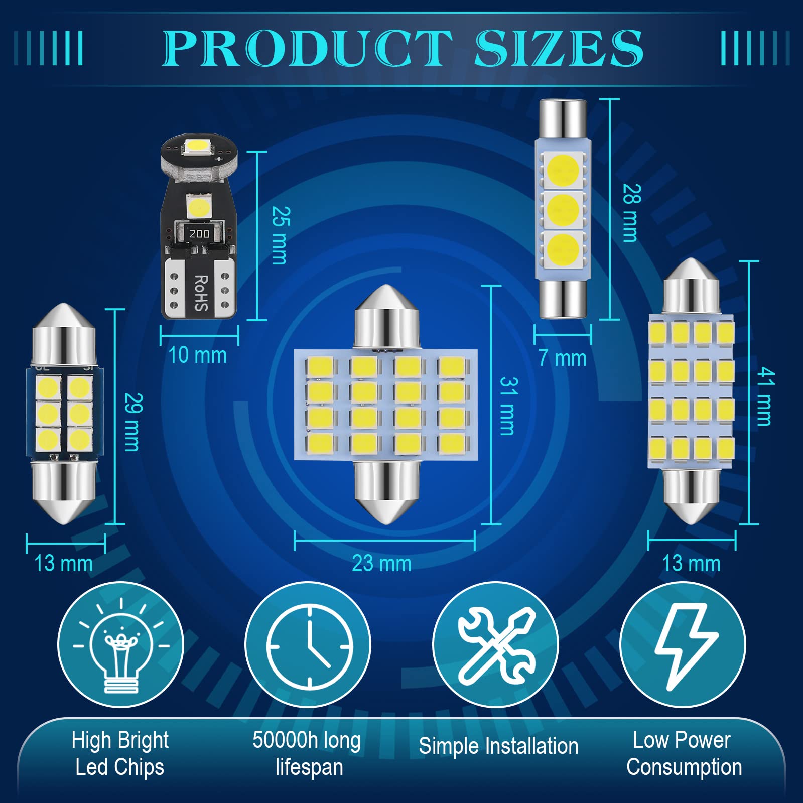 50 Pieces Led Car Bulb Kit T6 T10 28 Mm 31 Mm 41 Mm Led Dome Light Interior Car Lights Led Bulbs For Car Interiors Map Dome Trunk Cargo Door Courtesy License Plate Light