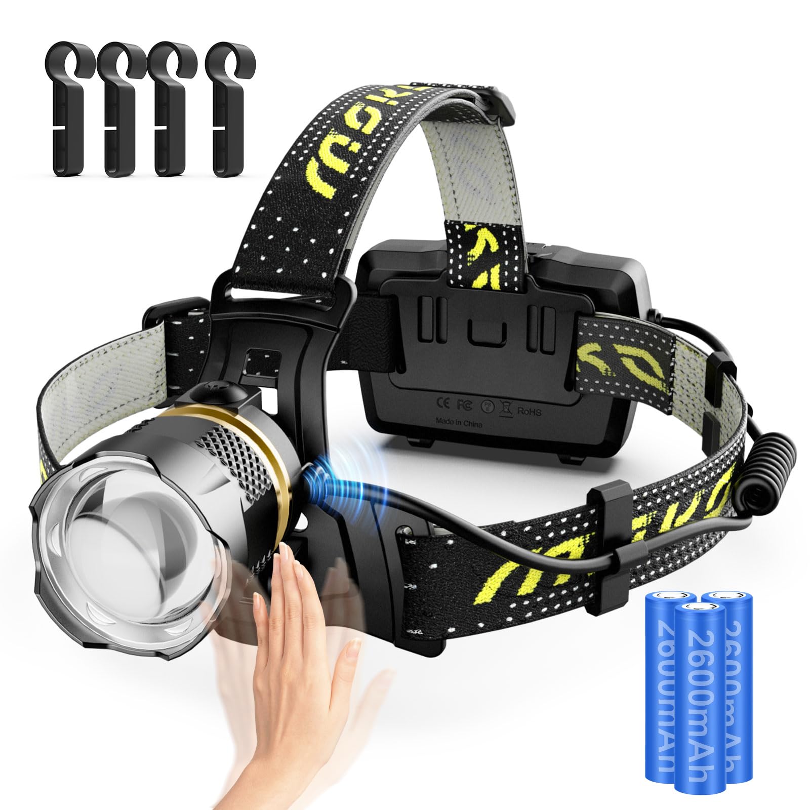 MoKo Rechargeable Headlamp 90000LM, Water Filter 40H Long Lasting Battery Powered, 7 Modes Headlight with Motion Sensor, IP68 Wa