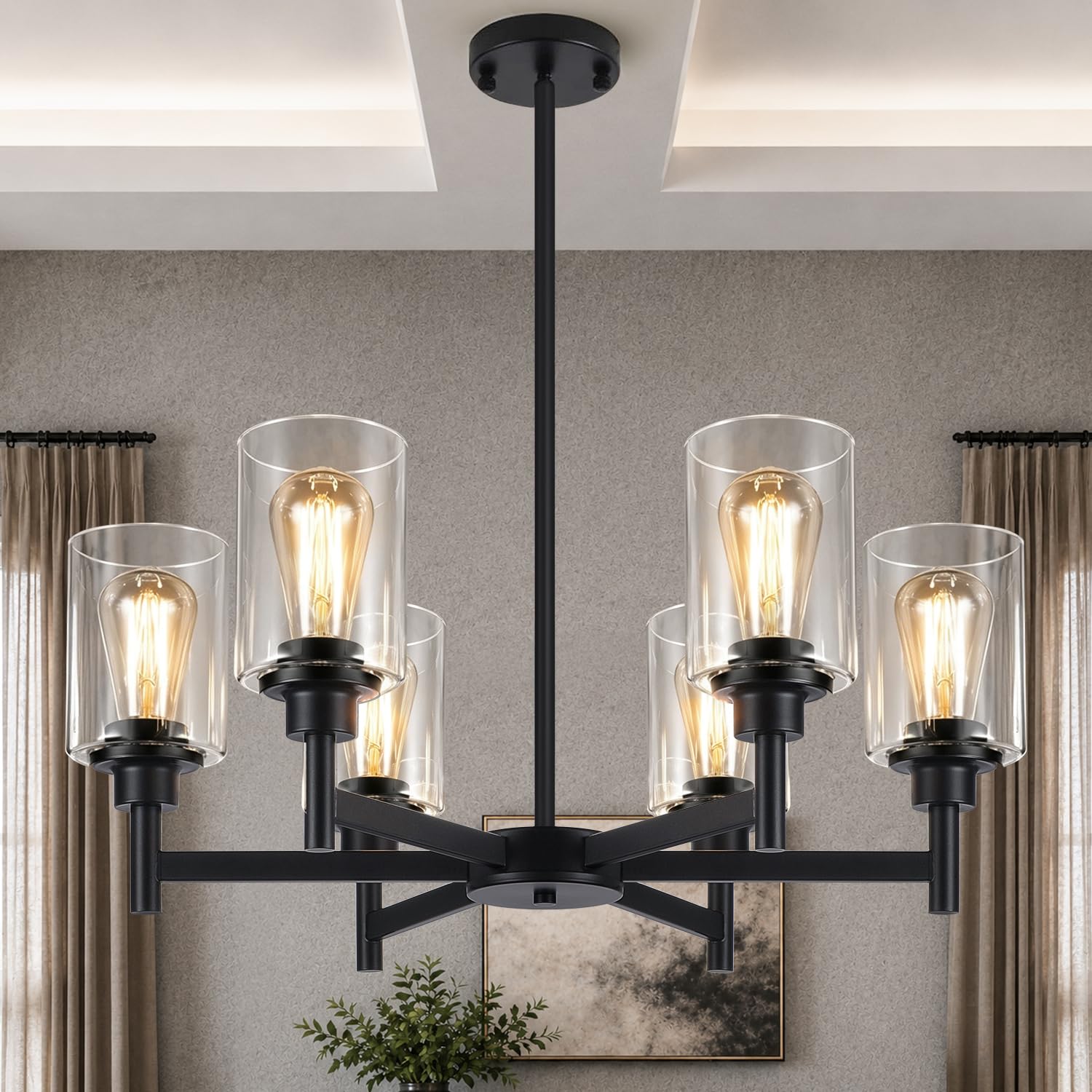 Black Chandeliers, 6 Light Dining Room Light Fixtures Over Table, Farmhouse Chandeliers for Dining Room with Clear Glass Shade f