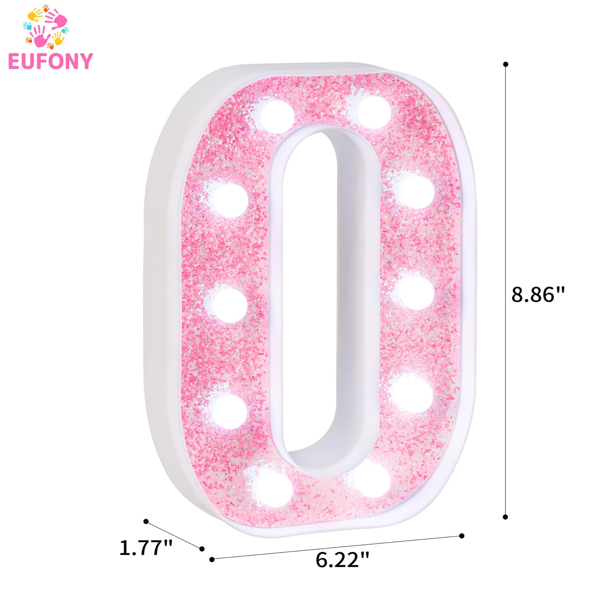 eufony LED Marquee Light Letter O, Glitter Pink, Battery-Powered, Cool White Lights for Bedroom & Party Decor, Model W-PINK-LED-O