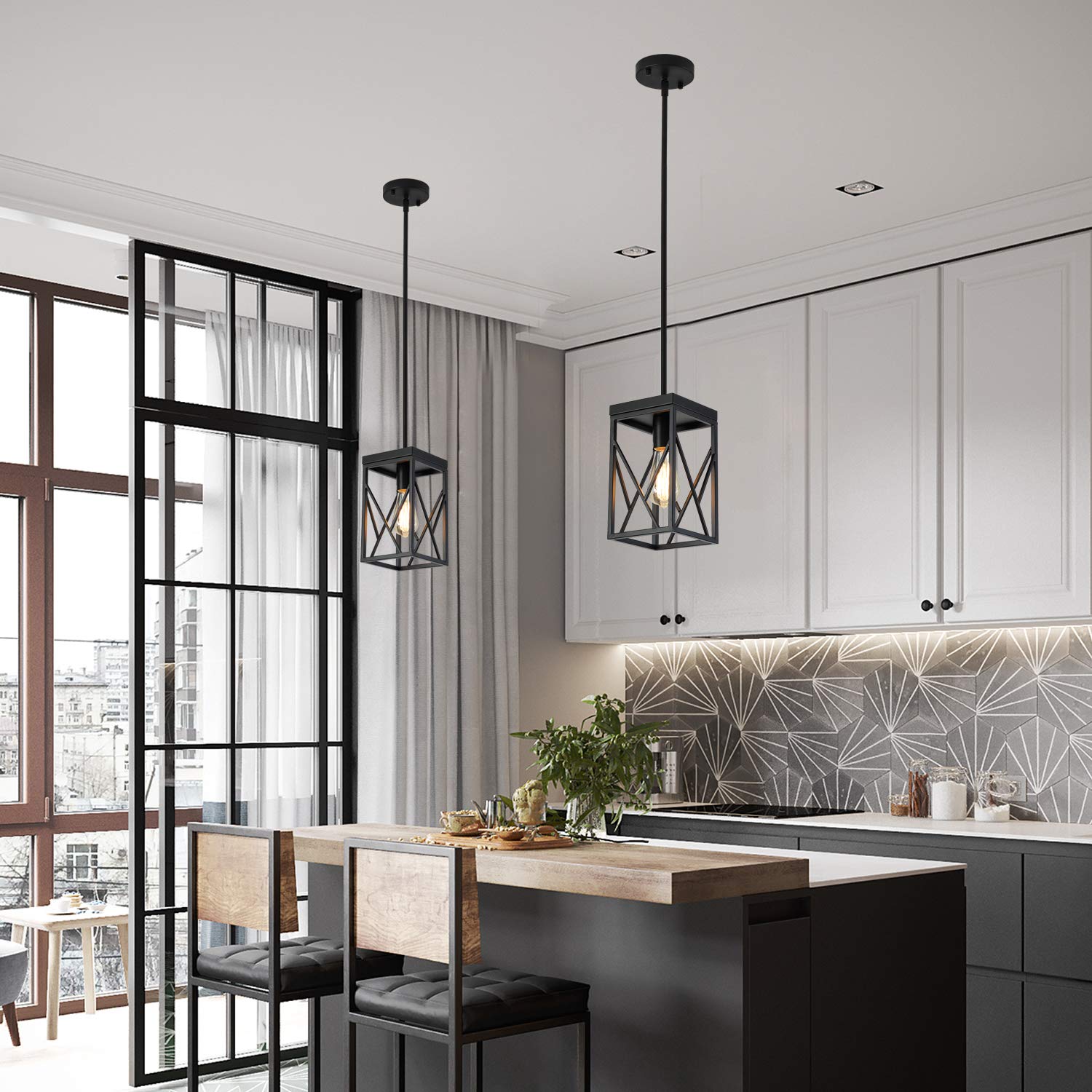Fivess Lighting Modern Mini Pendant Light, One-Light Metal Cage Fixture, Adjustable Rods, Black, Model CA5201-2