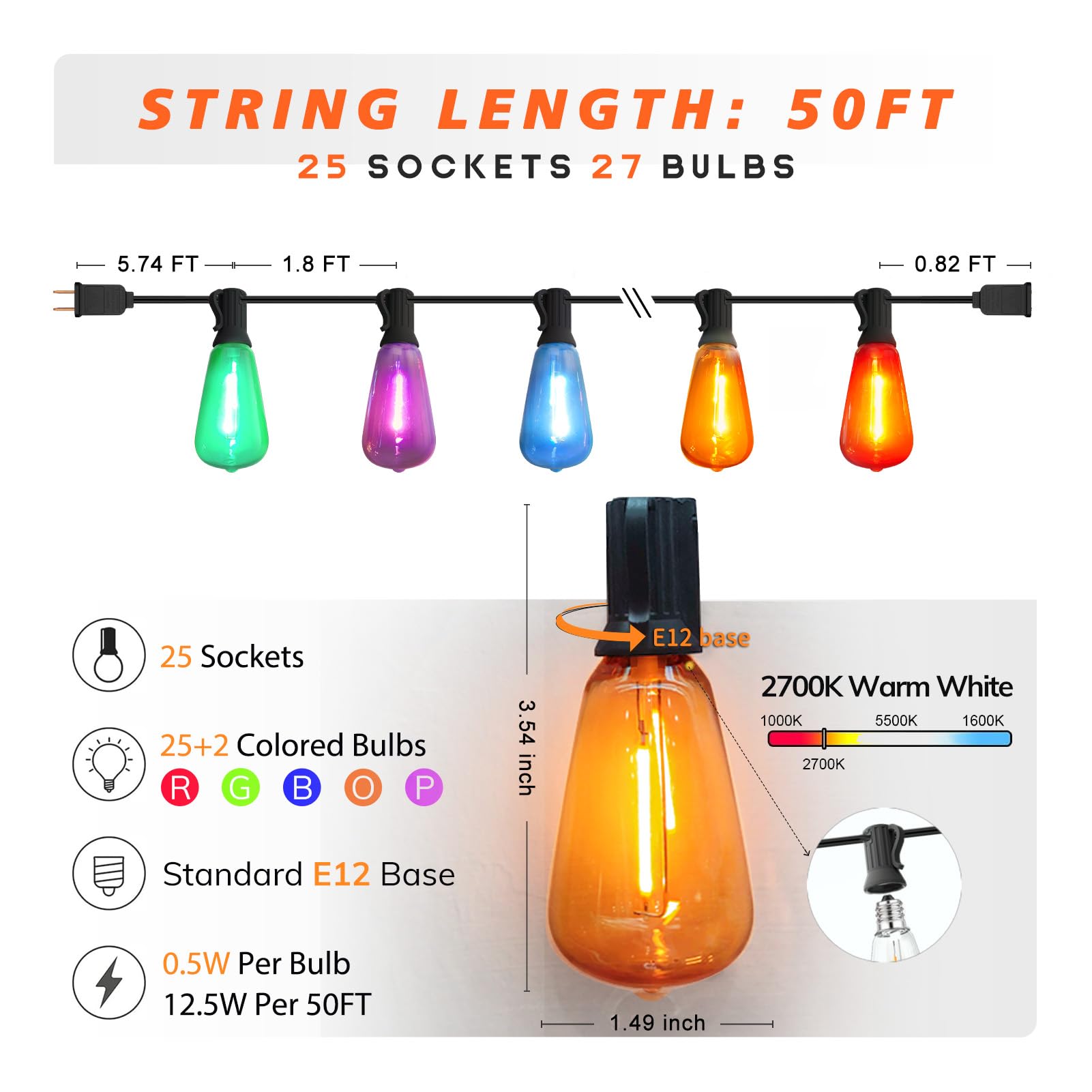 Achin 50Ft Outdoor String Lights Multicolor Patio Lights Waterproof With 25+2 Led St38 Colored Bulbs Shatterproof, Colorful Stri