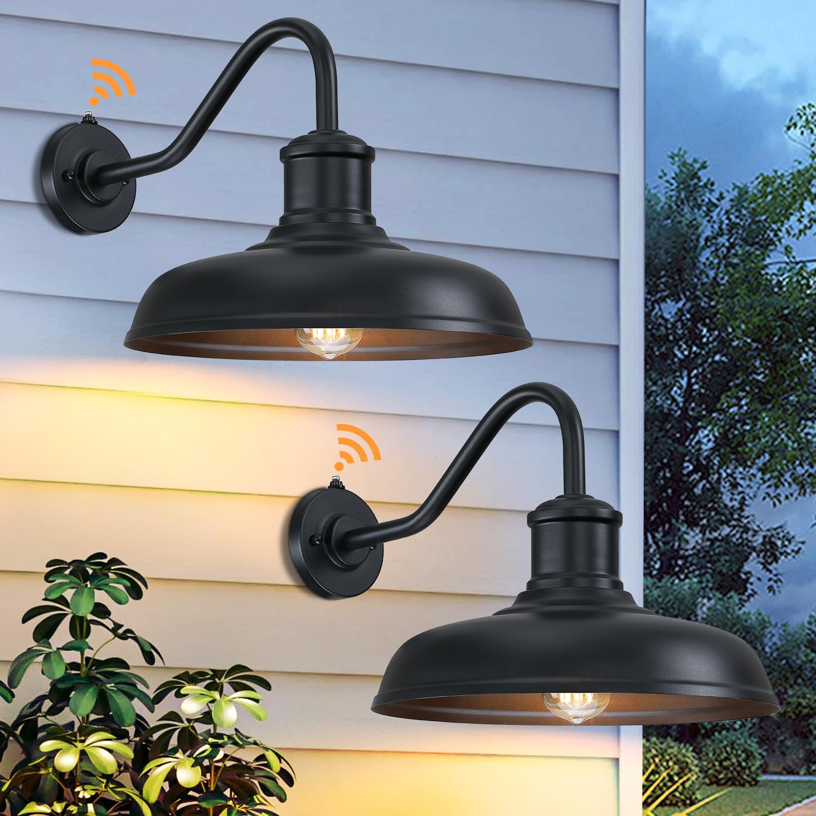 13.8 Diameter Large Dusk to Dawn Outdoor Gooseneck Barn Light 2 Packs  Outdoor Wall Sconce Farmhouse Exterior Light Wall Lighting Fixture Industrial Outside Lantern for Porch  Patio  Garage  Black