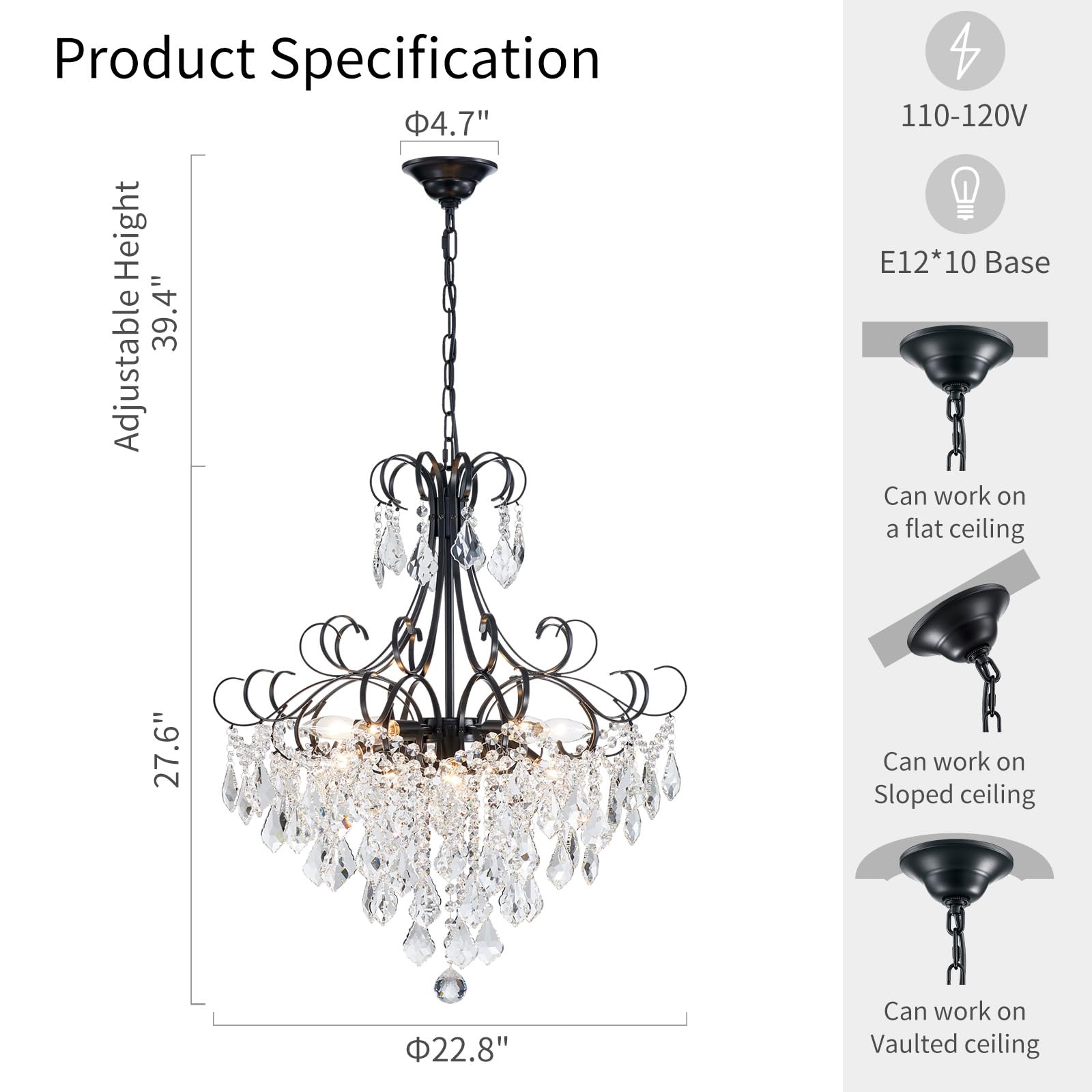 WUZUPS Crystal Chandelier Pendant Light 10-Light E12 Base Metal 27.6in H x 22.8in W Black CAHD30502B