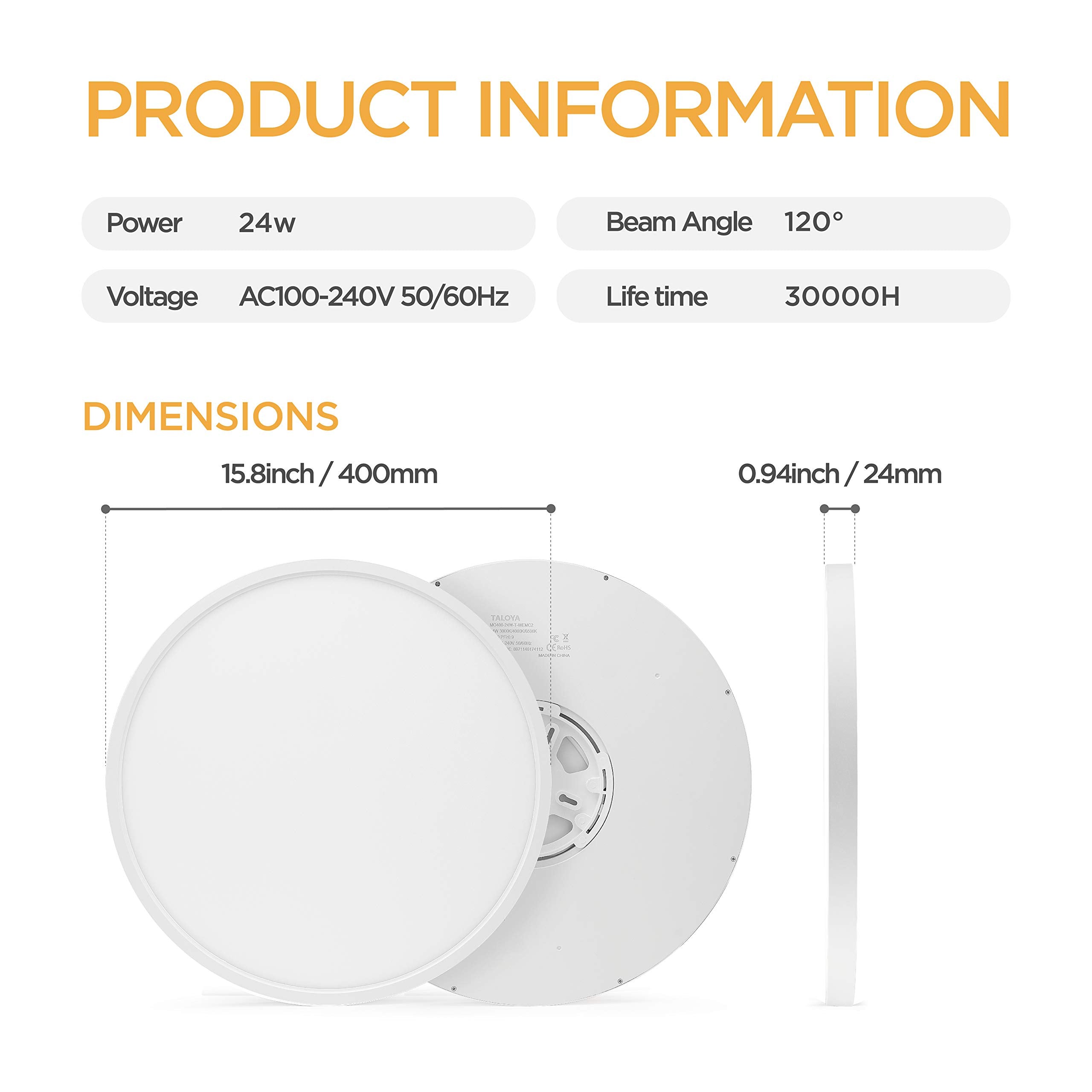 TALOYA LED Ceiling Light Flush Mount, 15.8 Inch, 24W, White, 3 Color Temperatures (3000K/4000K/6000K), Model MO