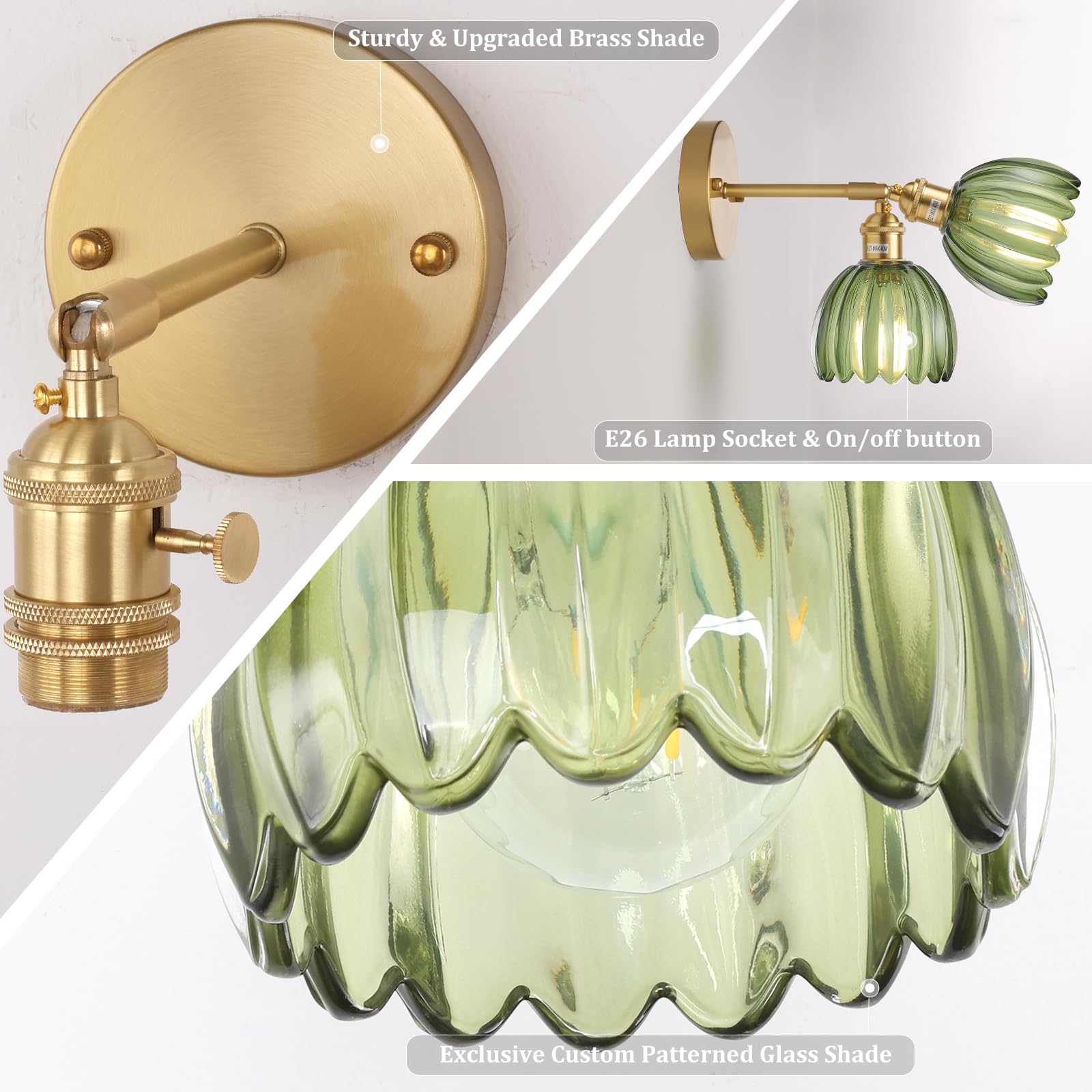 Shenmoyl Vintage Wall Sconces, Green Tulip Glass Lampshade, 1 Light Hardwired Modern Fixture for Bedroom and Doorway
