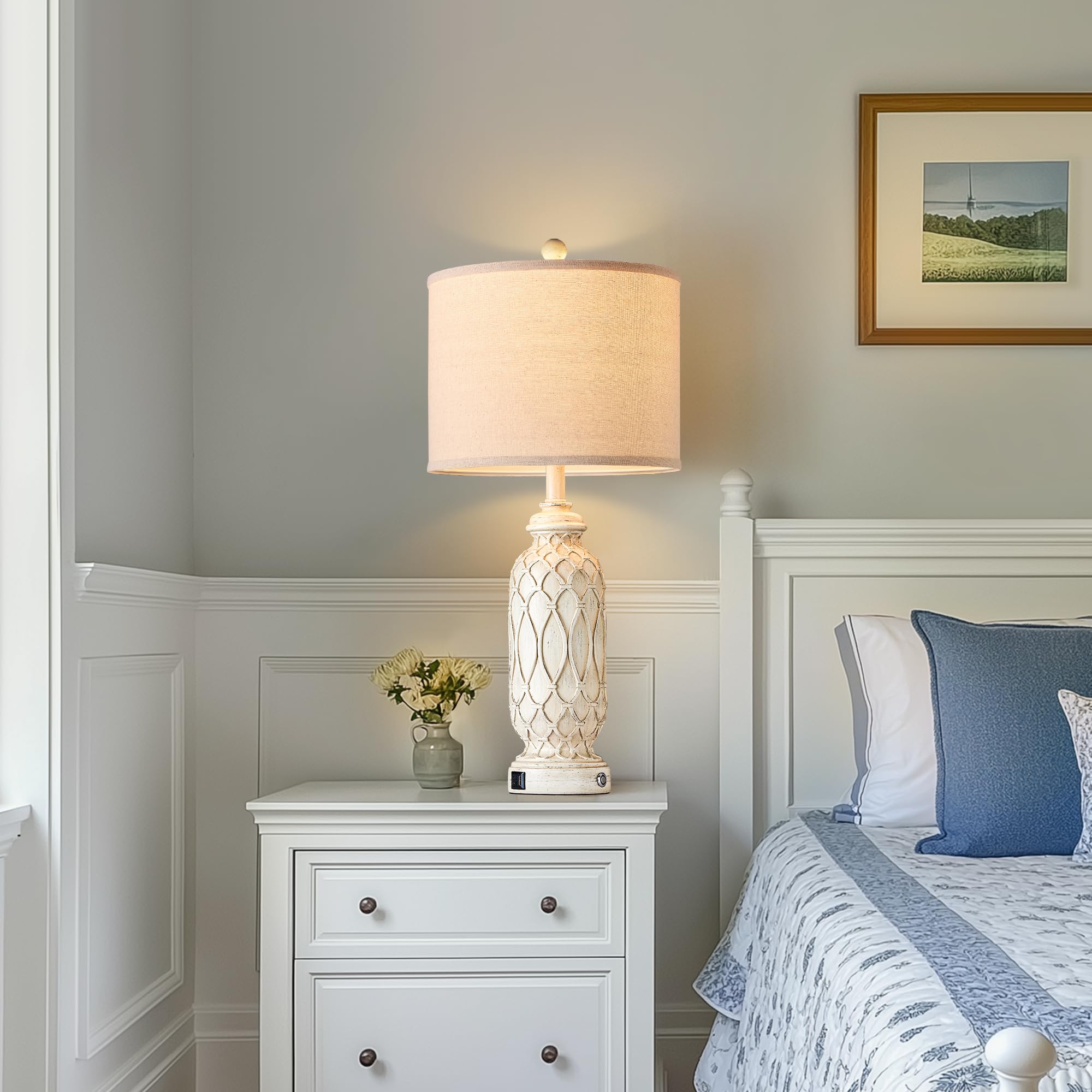 Ireliare Farmhouse Lamps For Living Room Set Of 2, 28'' Table Lamps For Bedroom With Usb A+C Charging Ports, Touch Lamps For Nig