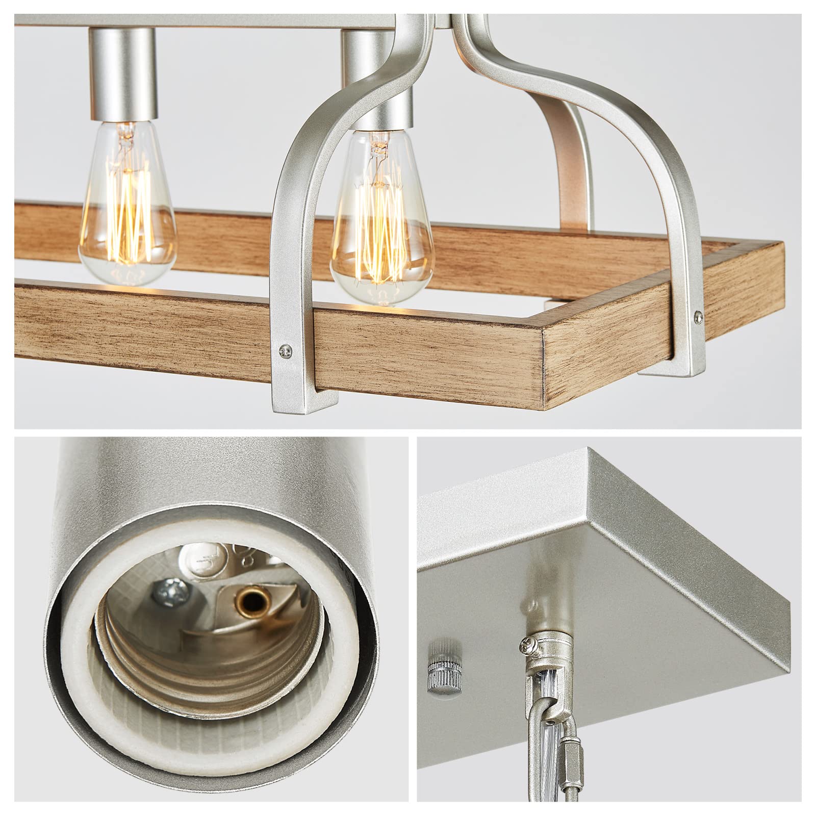 WUZUPS 4-Light Metal Pot Hanging Rack Chandelier, Imitation Light Wood Grain, H 9.8" L 34.6", Nickel, Model USHD90000LWN