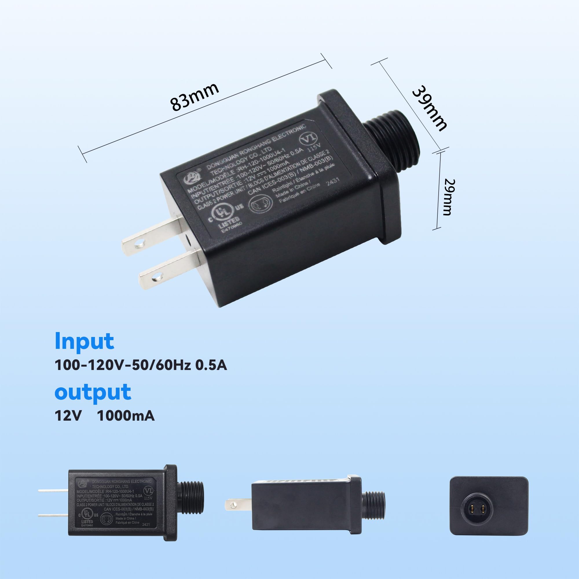 Slaige 12V-1000mA Inflatable Adapter Power Supply - Black, Model A-1000, IP44 Low Voltage Transformer for Yard Decorations