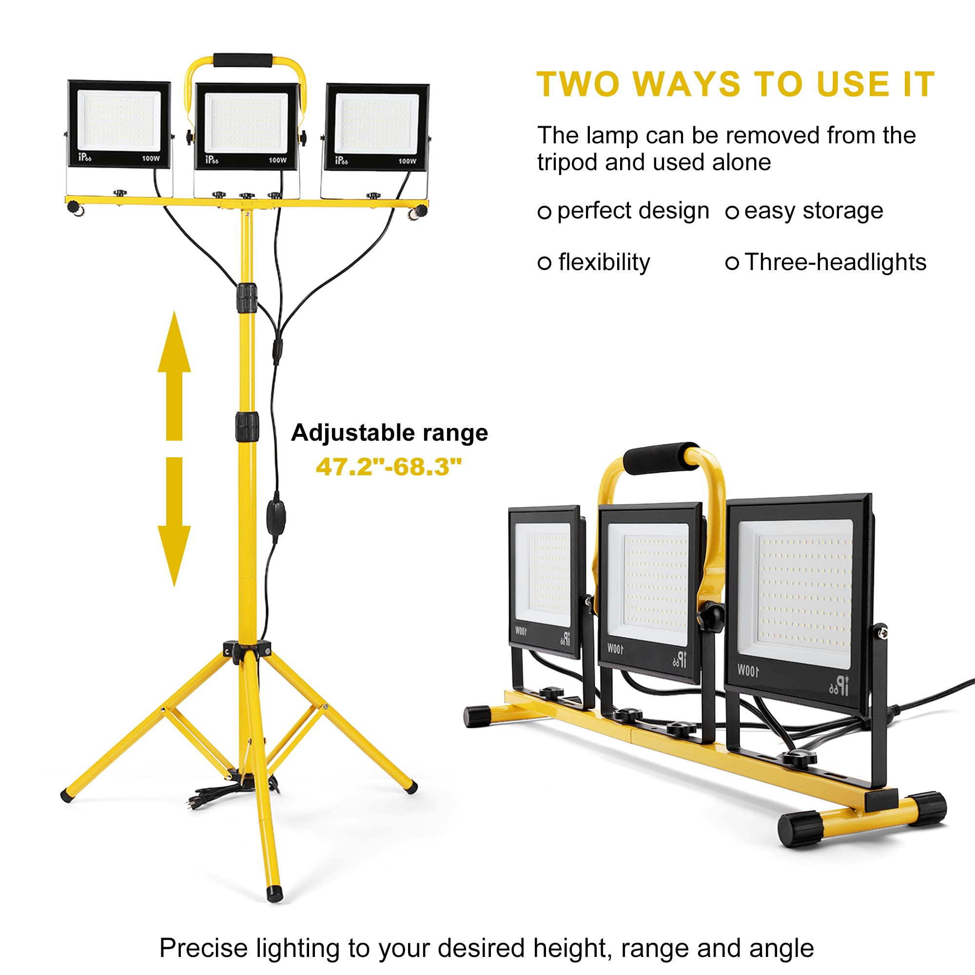 30000 Lumen Work Lights With Stand, 3 Adjustable Head Led Work Light, With Adjustable And Foldable Tripod Stand, Waterproof Lamp With 6500 Kelvin Color Temperature