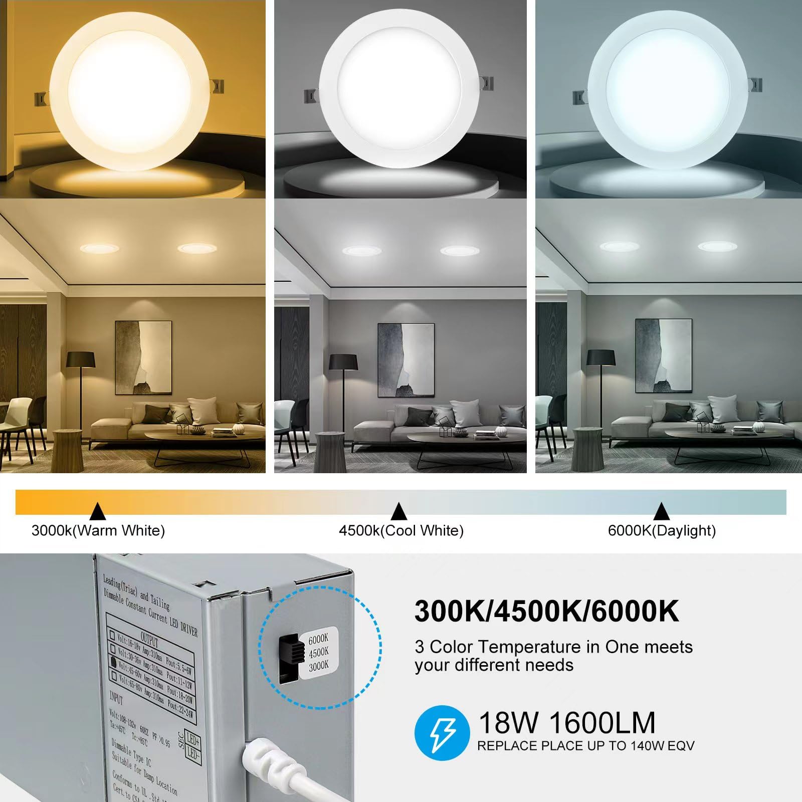 Elaruslux 6 Pack 7 Inch 3Cct Ultra-Thin Led Recessed Light With Junction Box, 3000K/4500K/6000K Selectable, 18W Eqv 125W, Dimmab