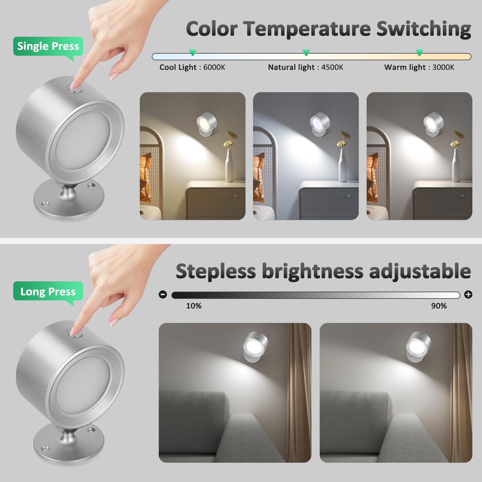 Lightbiz Led Reading Lights, Wall Lights Sconces 3 Pcs With Remote Rechargeable Battery Operated, 3 Color Temperatures & Dimmabl