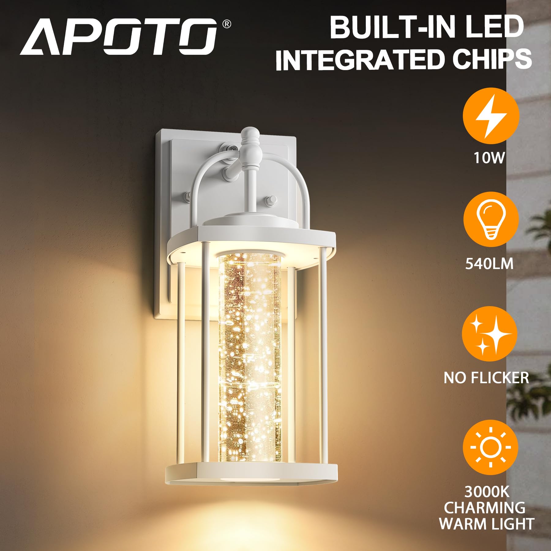 Apoto 1 Pack Dusk To Dawn Exterior Lighting Fixtures, 10W Led Modern Outdoor Wall Lights Sconce With Crystal Bubble Glass, White