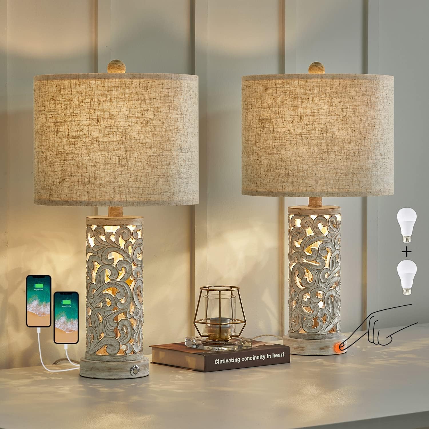 OYEARS Bedside Table Lamps Set of 2 with USB & Night Light  22 Dimmable Touch Lamps for Nightstand  Farmhouse Lamps for Bedroom Living Room Home Offce (Bulb Included)