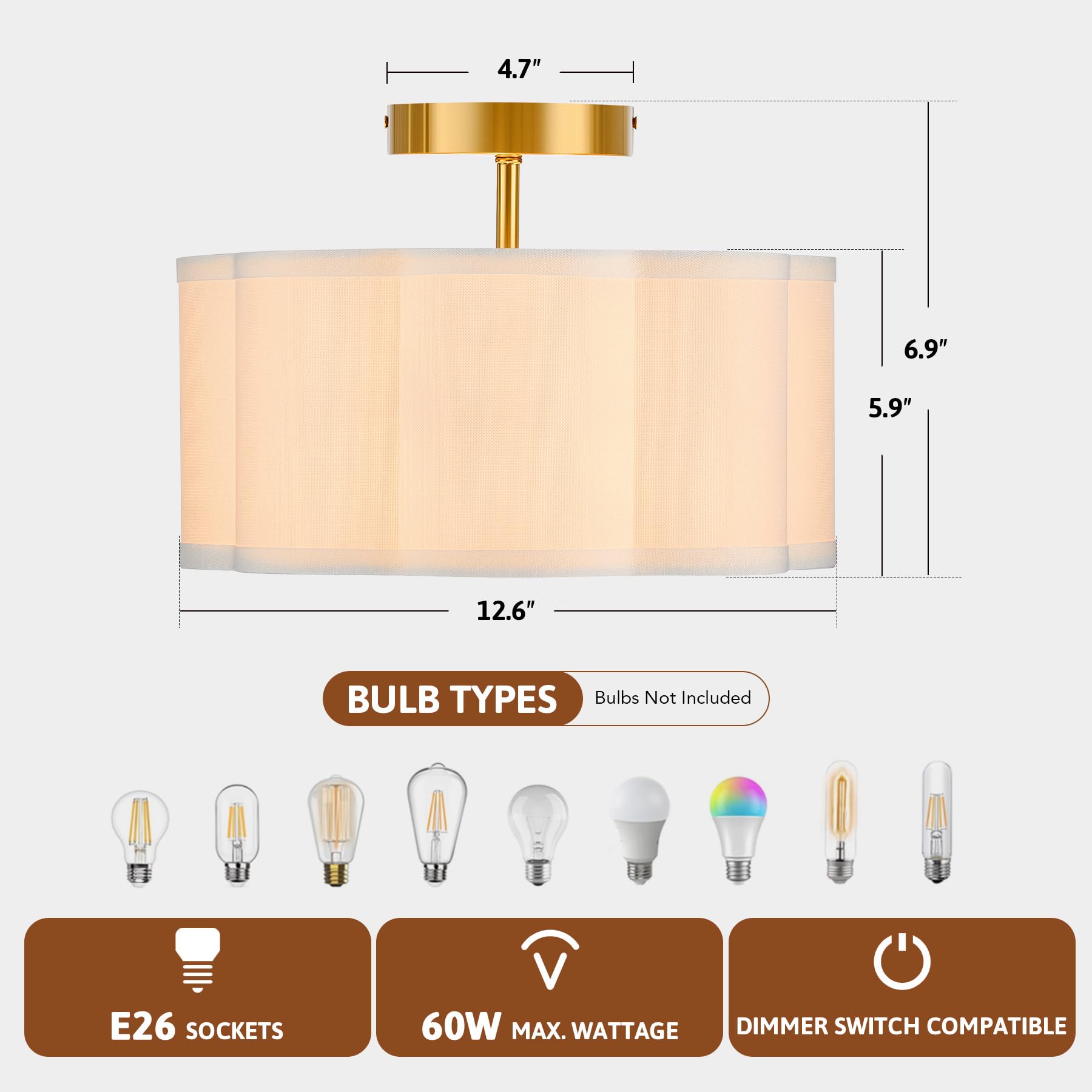 Vonluce Semi Flush Mount Ceiling Light, 13'' Ceiling Light Fixture With Flower-Shaped Fabric Shade, 3-Light Modern Light Fixture