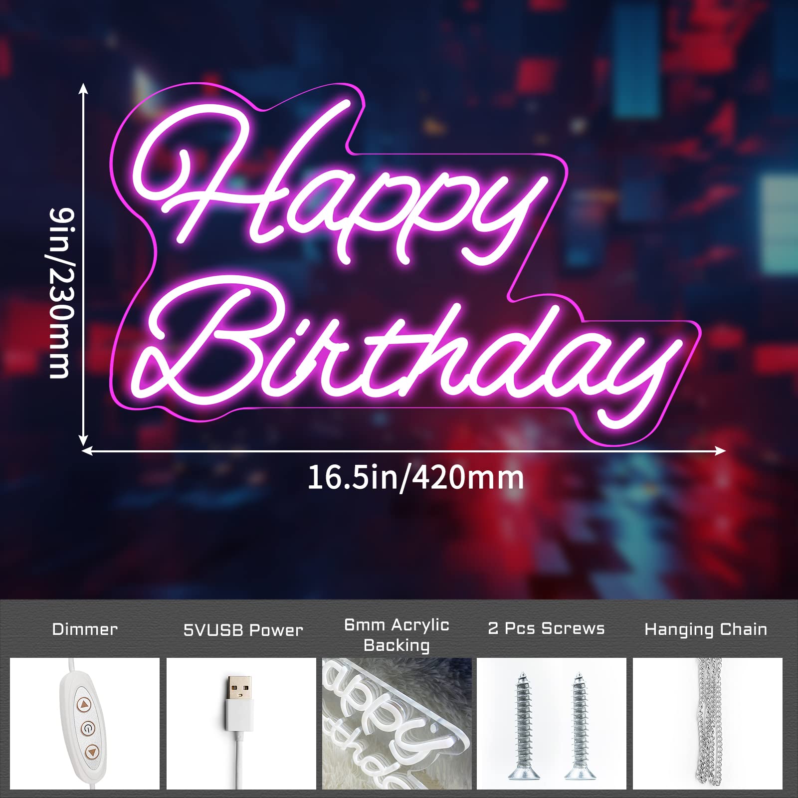 Neonawall Happy Birthday Neon Sign - 20 Inch Pink LED Light with Dimmable Switch - Reusable Birthday Party Decoration