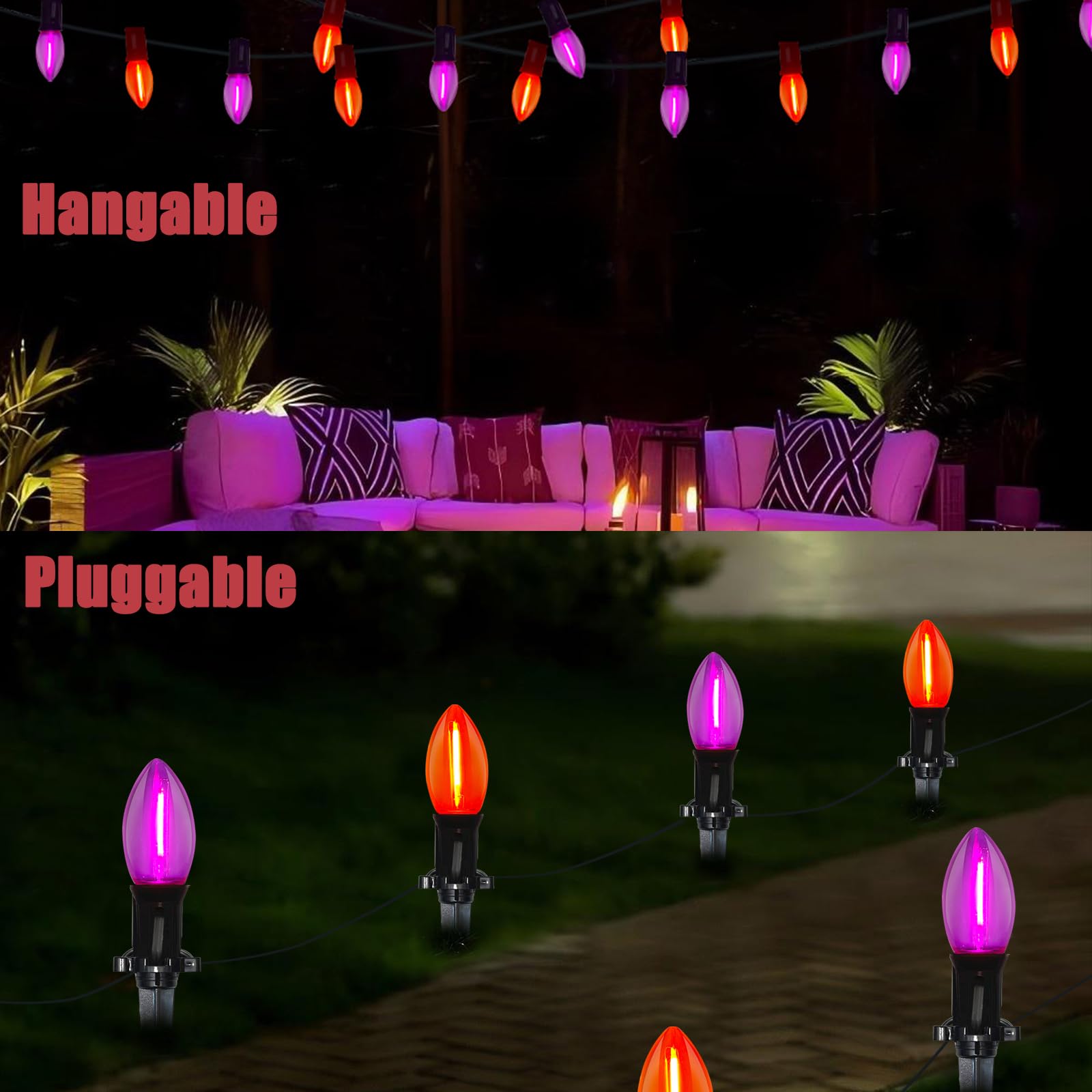 19.5Ft Led Halloween Pathway Lights Outdoor With 10 C9 Led Orange Purple Lights, Outdoor Halloween Decoration Pathway Marker Sta