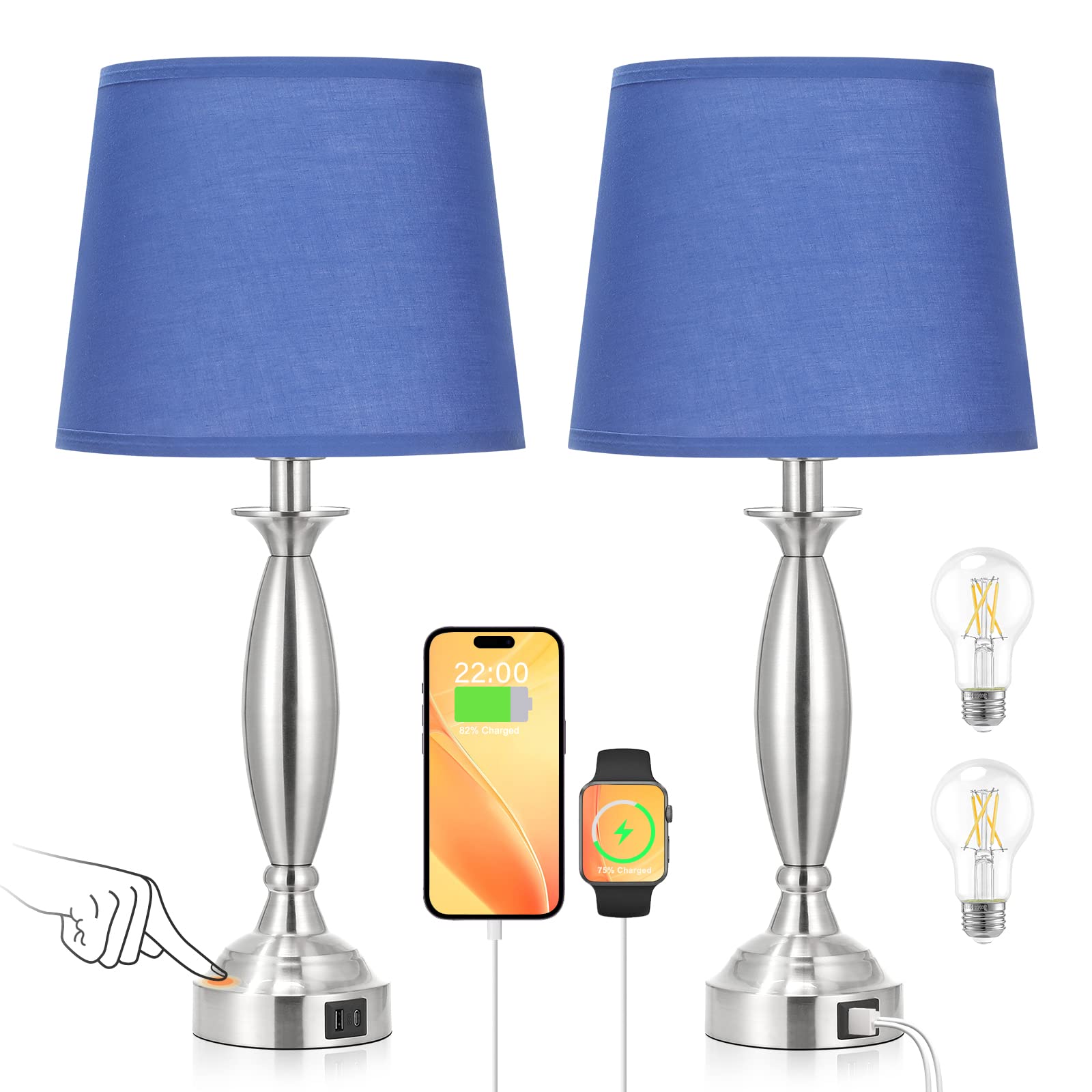Blue Lamps For Bedrooms Set Of 2 - Touch Control Bedside Lamp With Usb C+A, 3 Way Dimmable Nightstand Lamps With Usb Port, Table