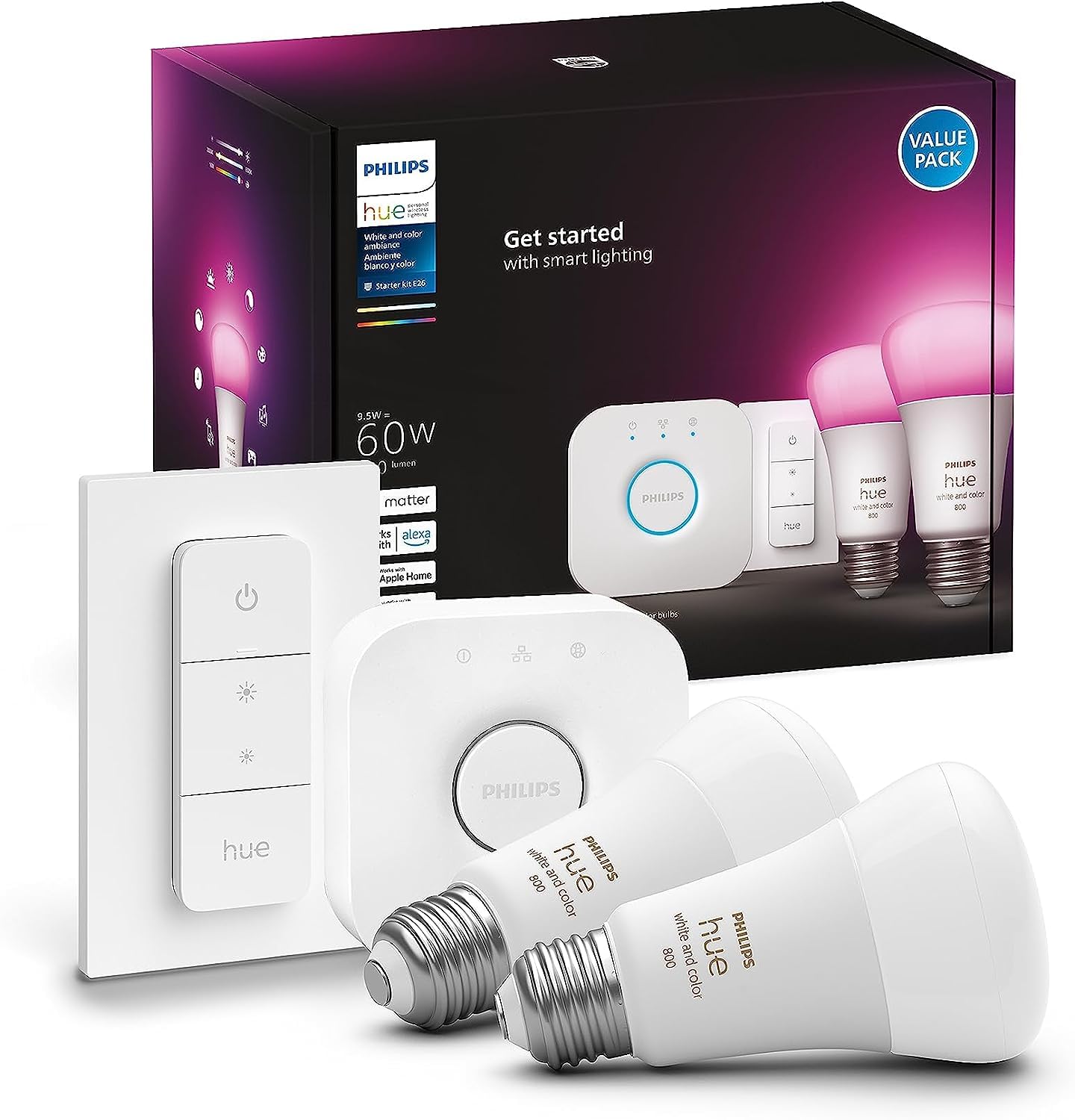 Philips Hue Smart Light Starter Kit - Includes (1) Bridge, (1) Dimmer Switch and (2) A19 LED Bulbs - White and Color Ambiance Co