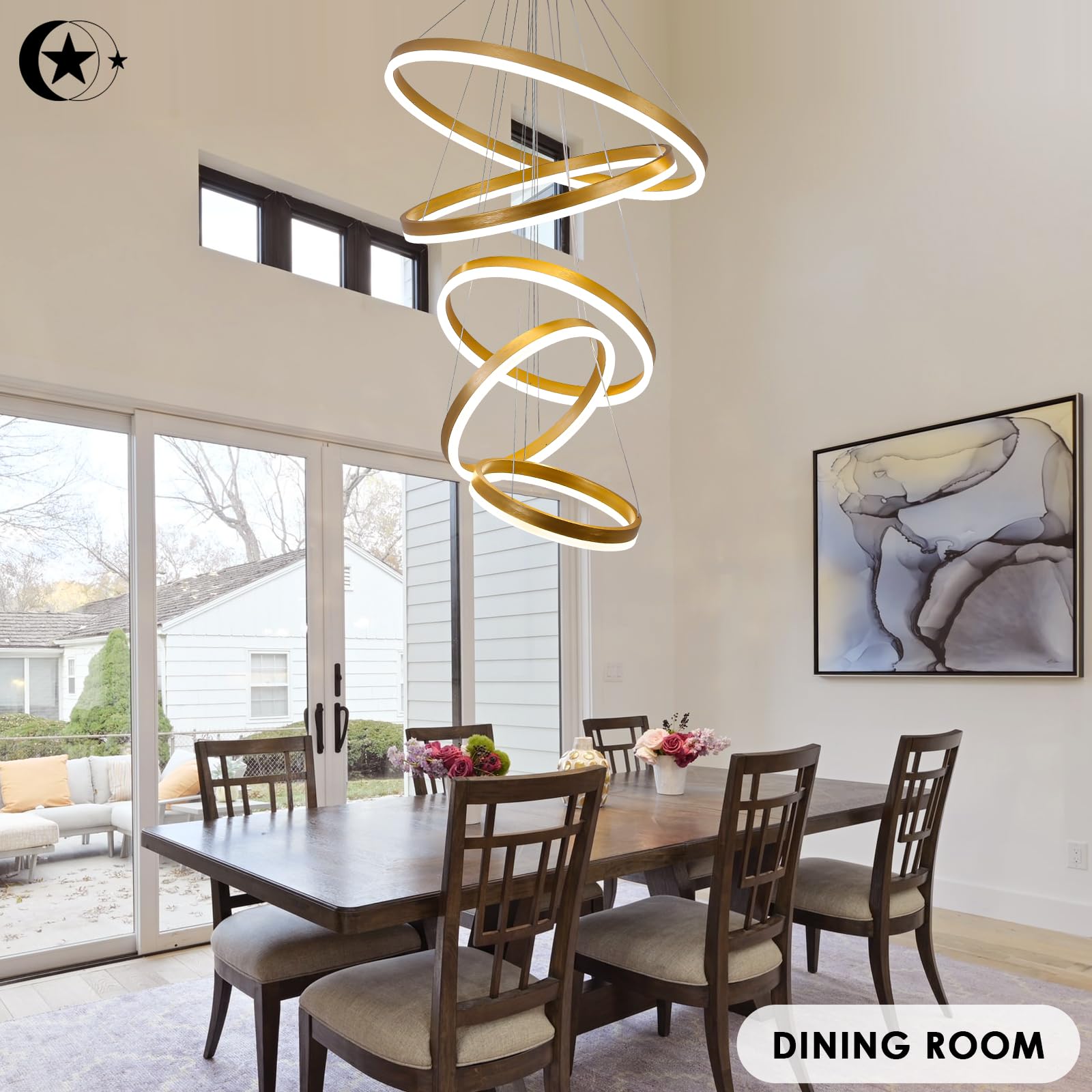 Xgzl  Lighting 5-Rings Modern Led Chandelier Gold Dimmable Chandeliers For Dining Room, High Ceiling Chandelier With Remote Cont