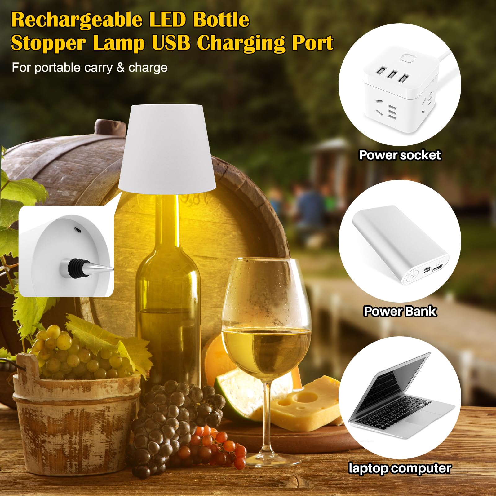 Tgxcf Wireless Bottle Lamp, Portable Metal Led Wireless Bottle Lamp With 3 Color Light Dimming, Rechargeable Wine Bottle Light Head, Waterproof Touch Table Lamp For Room Bar Party Decor, White