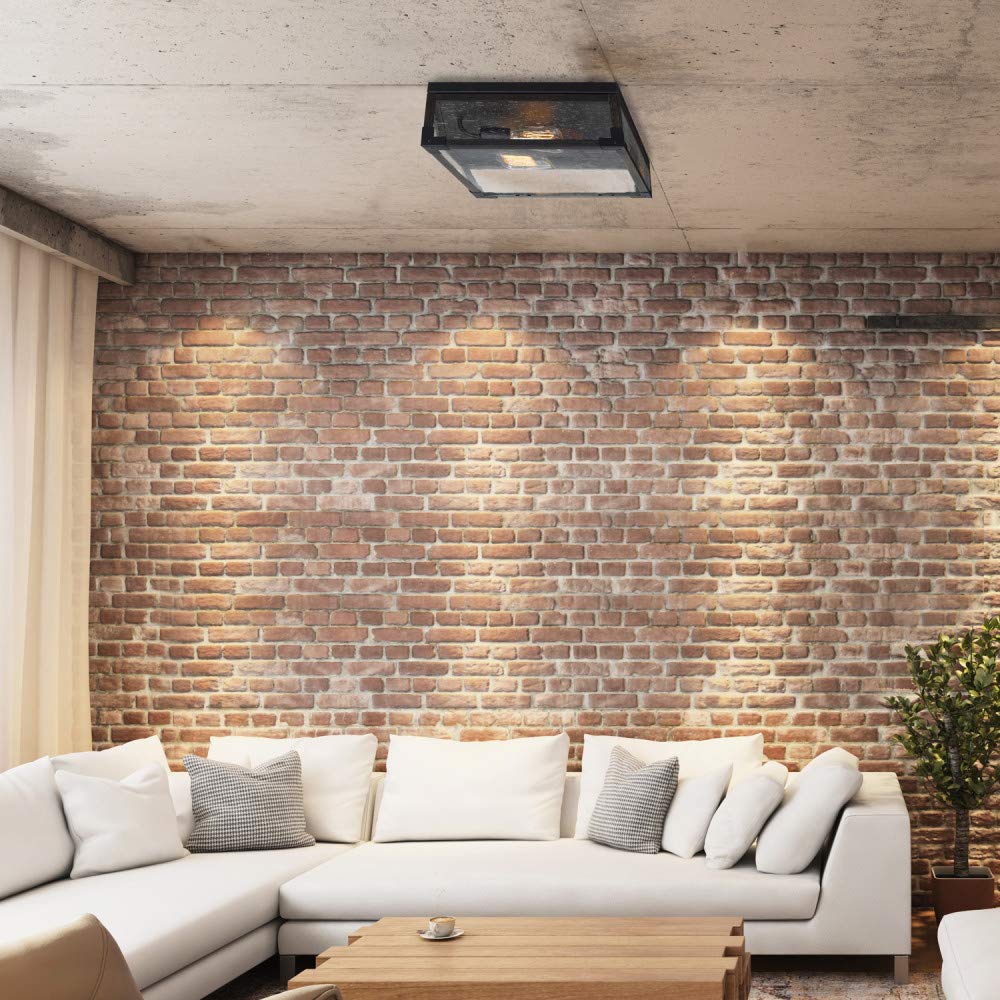 Globe Electric 65917 2-Light Flush Mount Ceiling Light, Metal, 5.2in, Dark Bronze/Wood Finish, Seeded Glass Panes