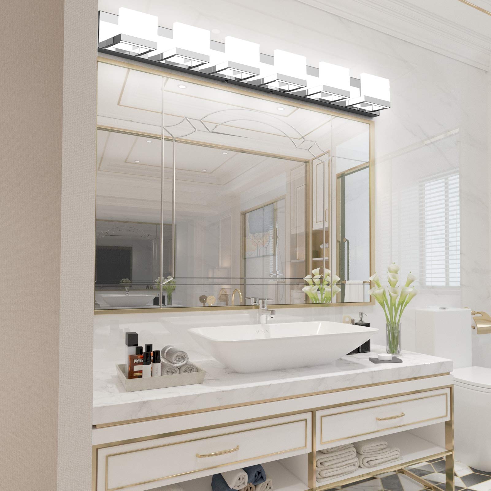 Tipace 6 Lights LED Vanity Light - Chrome Stainless Steel Bathroom Fixture, Model Ca-1103-6T, Up and Down, White Light 6000K