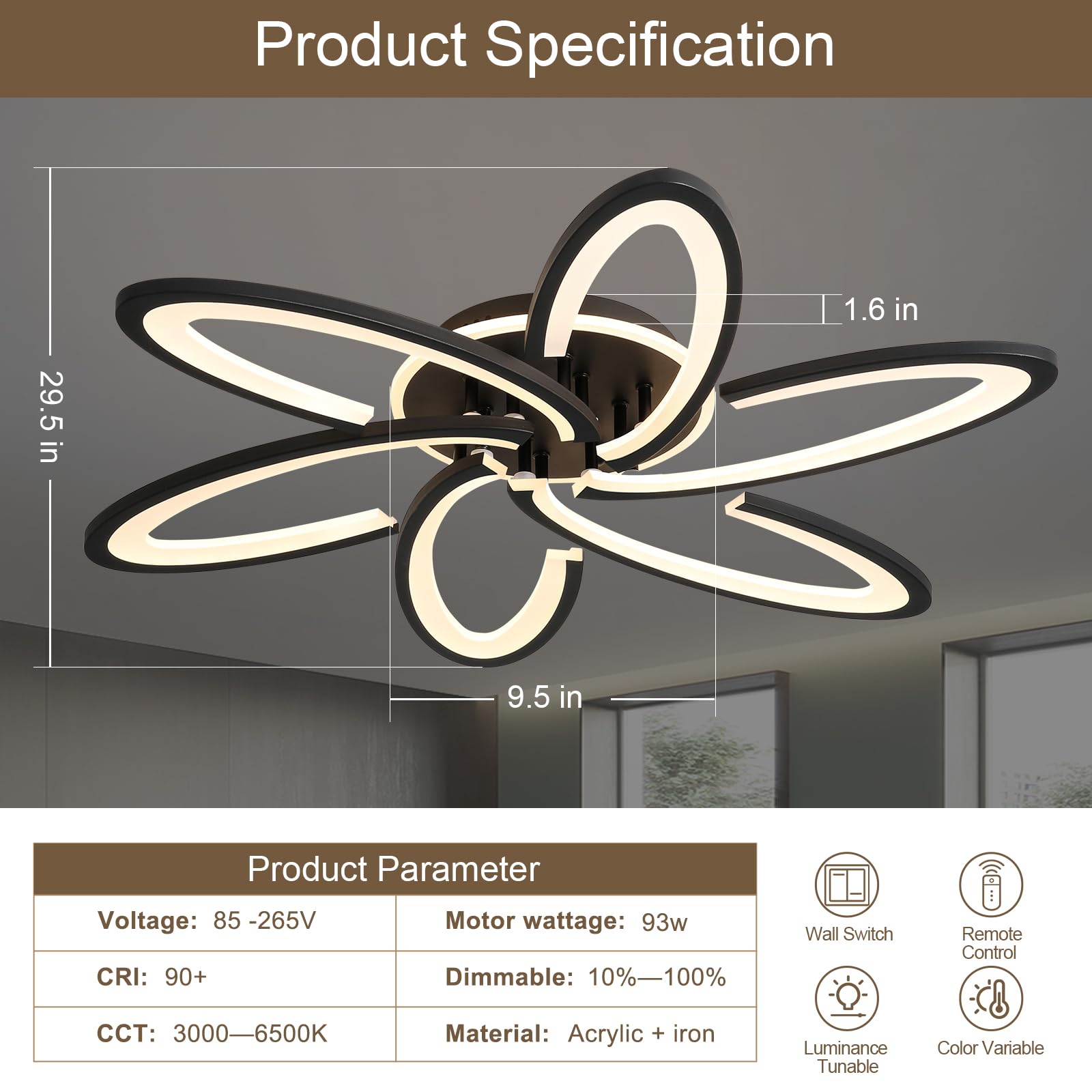 SEABLE Modern LED Ceiling Light, 93W Dimmable, 29.5" Flush Mount, Black, Remote Control, Ideal for Living Room, Bedroom, Kitchen