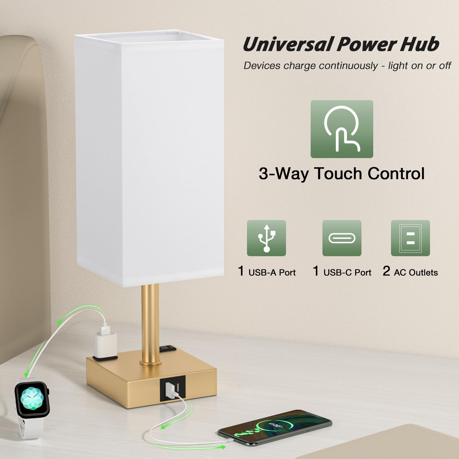 aooshine Gold Touch Lamps Set of 2 - 3-Way Dimmable, USB-C & AC Ports, Small Nightstand Lighting, Model 7-13