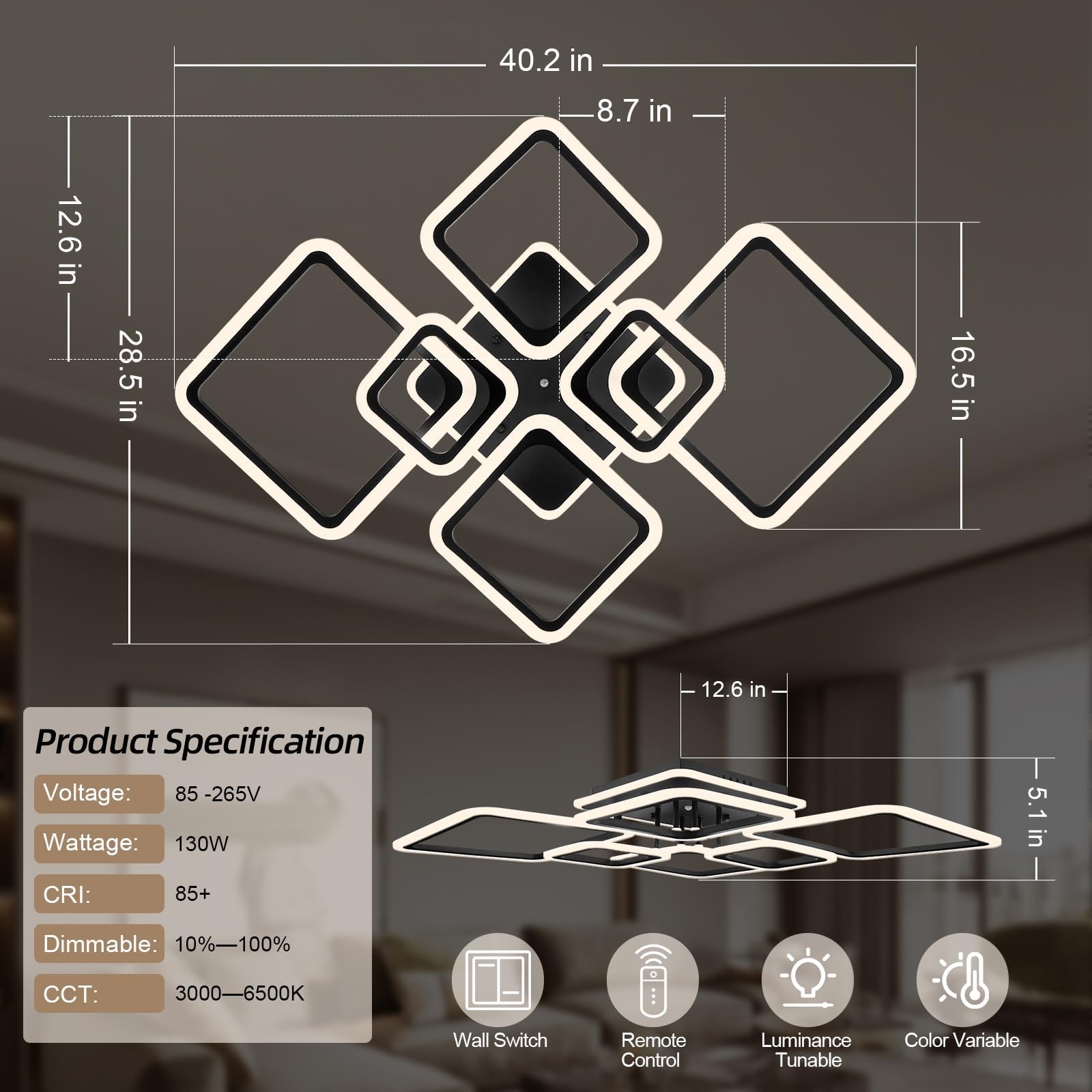 Modern Ceiling Light, 40.2'' Led Dimmable Acrylic Square 6+1 Rings Ceiling Lights With Remote, Black Flush Mount Ceiling Light F