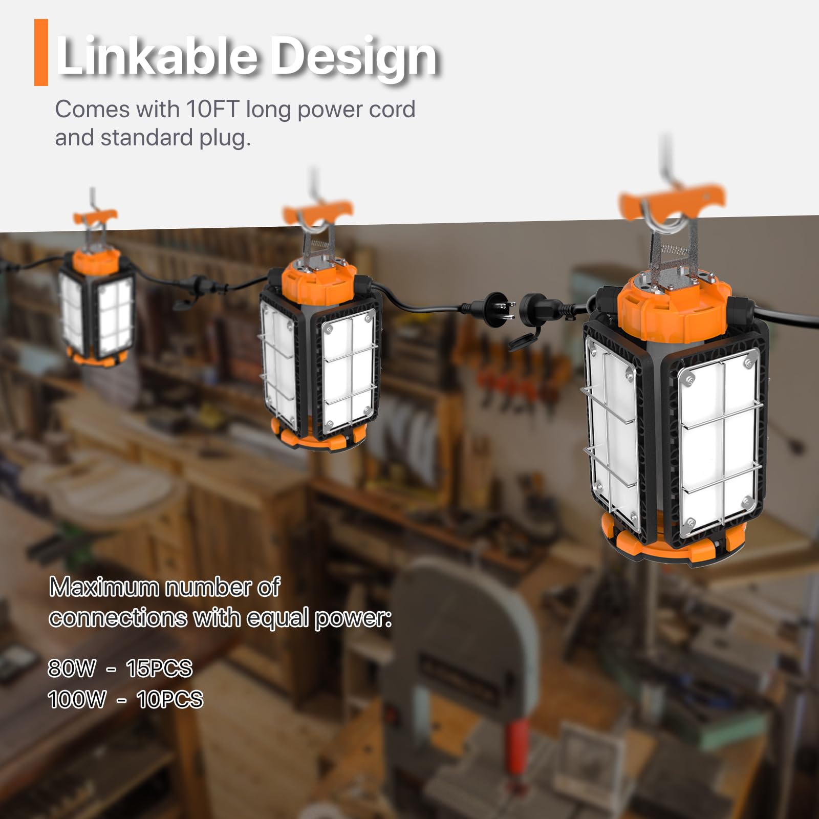 Led Temporary Work Light: 100W 15000Lumen With Brightness Adjustable Switch, 4 Deformable Panels Linkable Hanging Work Light, Po