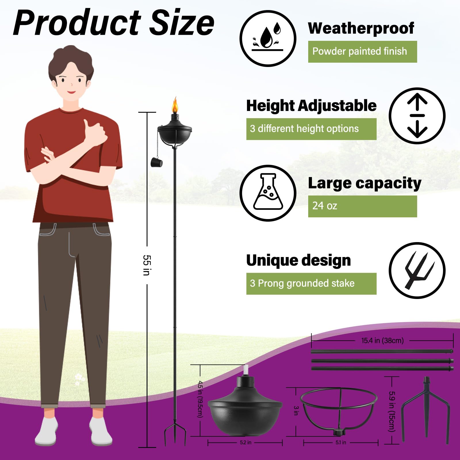 Fan-Torches 24 Oz Metal Garden Torch Set Of 6 - 55-Inch Citronella Outdoor Décor