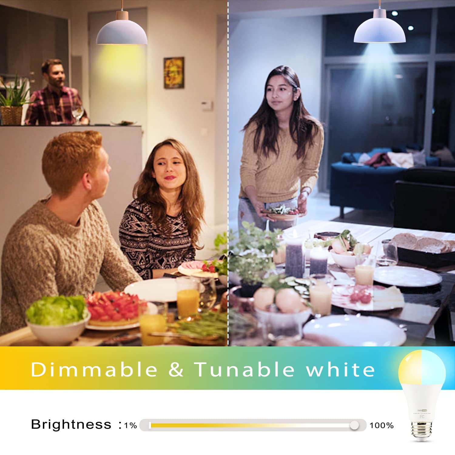 Homevenus Smart Light Bulb, Dimmable Tunable Cool Warm White, 9W A19 E26, 2500k-6500k, WiFi/Bluetooth, 1 Count