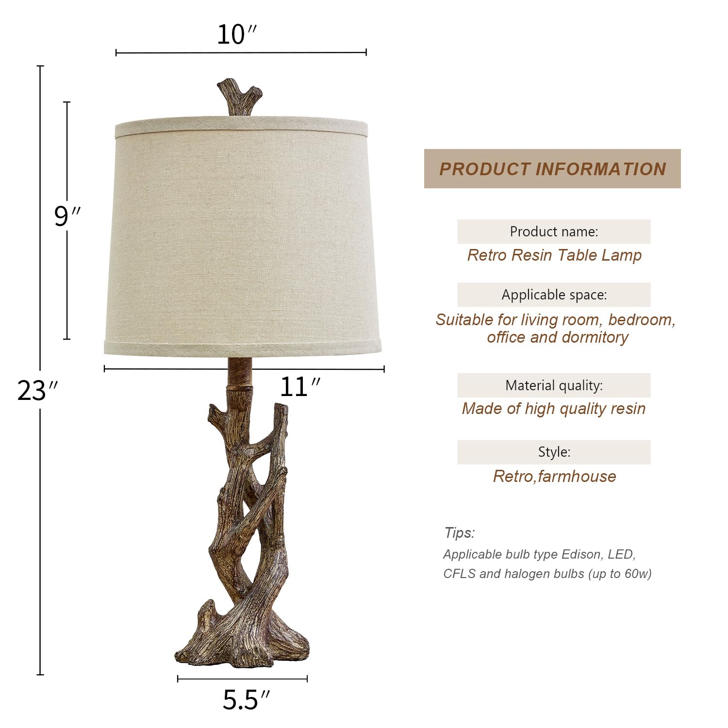 OYEARS Rustic Farmhouse Table Lamp, 23" Tree Trunk Design with Oatmeal Shade, Brown-3, Model AMZ-T1151GR for Bedroom & Living Room