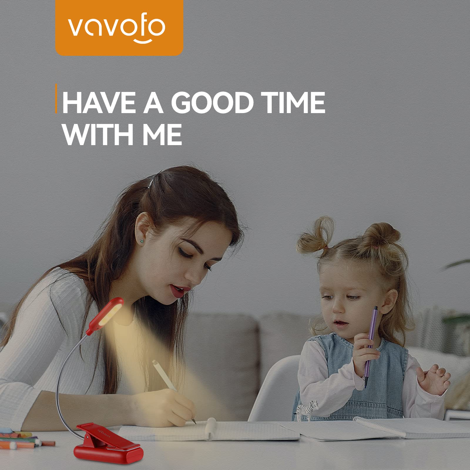 VAVOFO Rechargeable Book Light, 7 LED, 9-Level Warm Cool White, Eye Care Lamp, Model KM-6720, Red