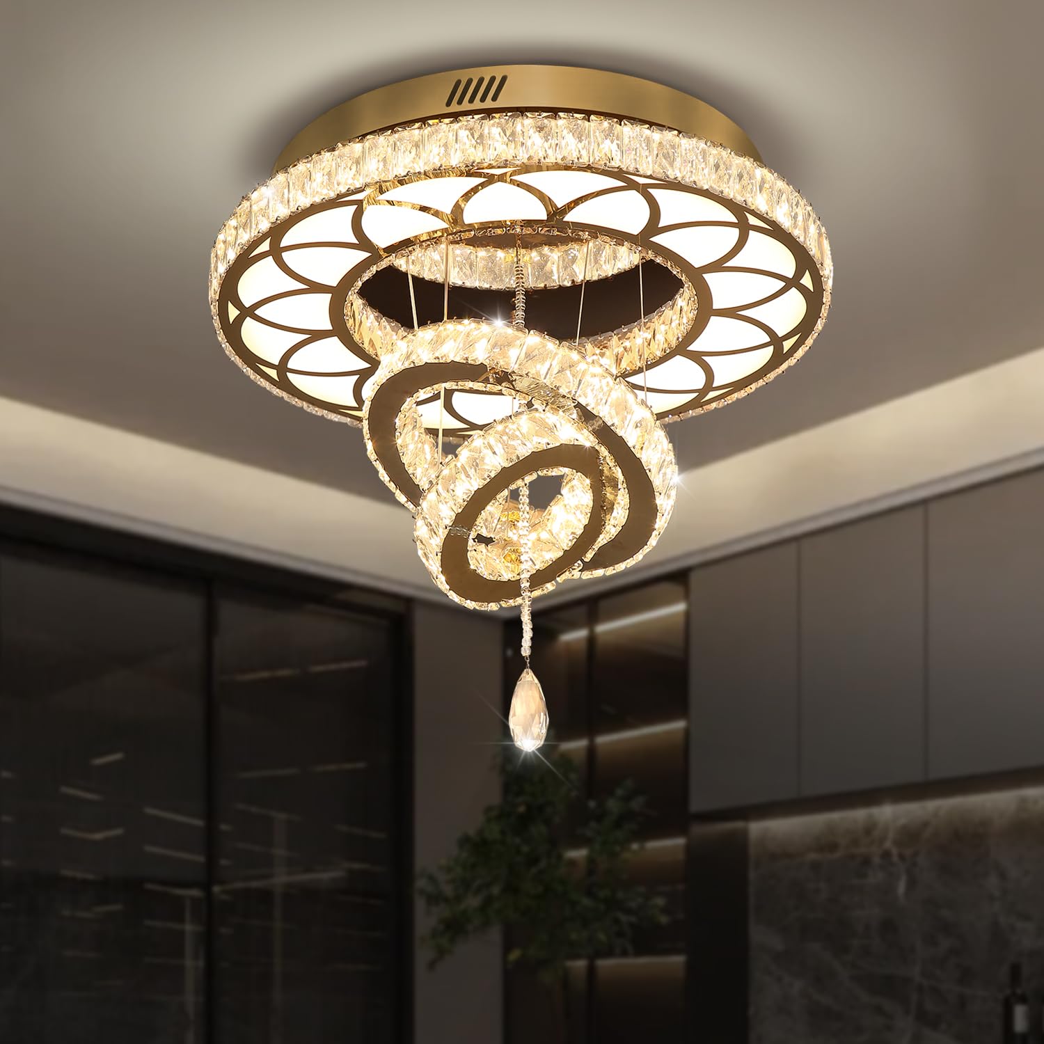 Flashing God Dia 20'' Crystal Chandelier Crystal Gold Ceiling Light Fixtures LED Flush Mount Ceiling Light for Living Room Bedro