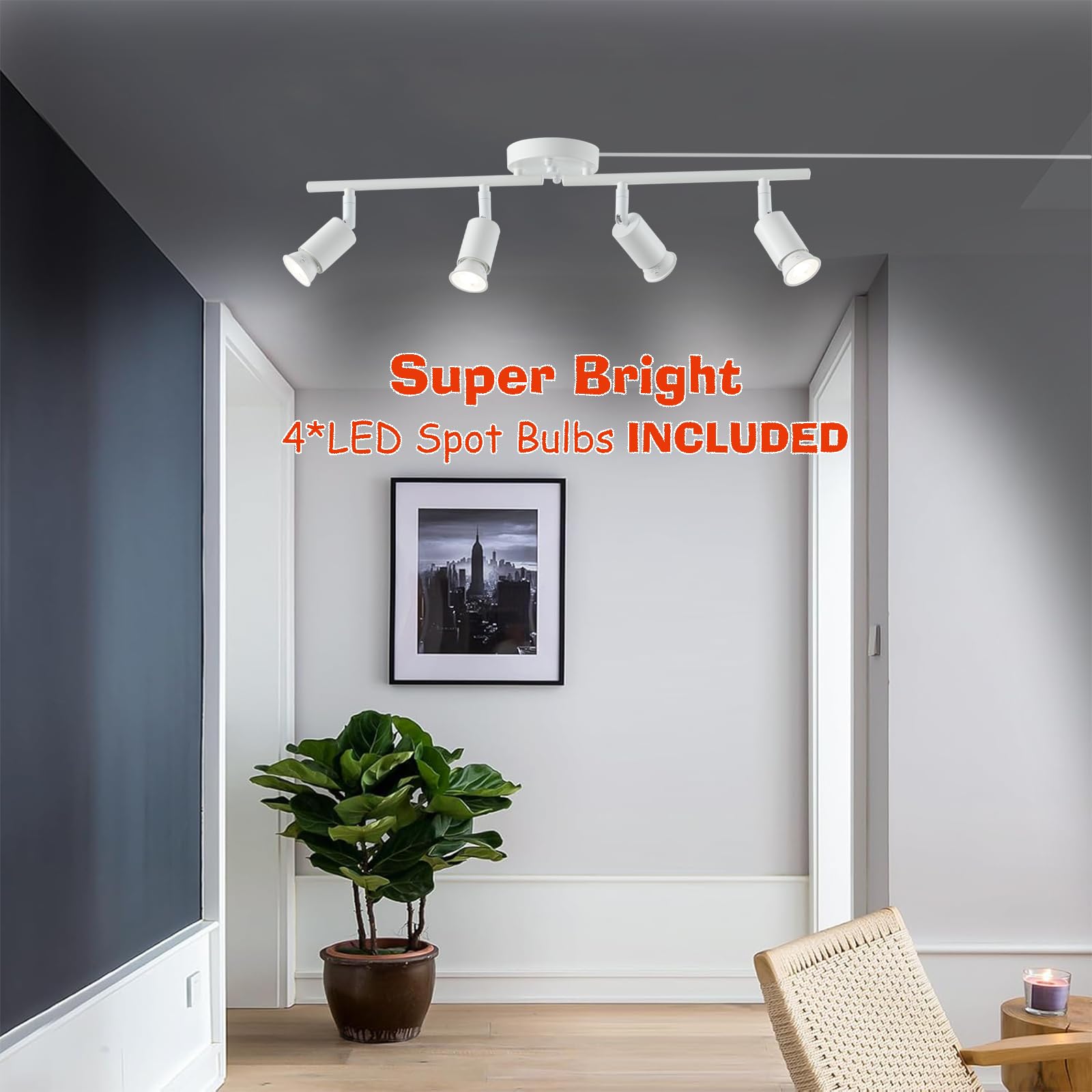 vivihobb Dimmable Plug in Track Light Fixture, 4 Lights, White, 16.4' Cord, Metal, Model 2101B-4-White, LED Bulbs Included