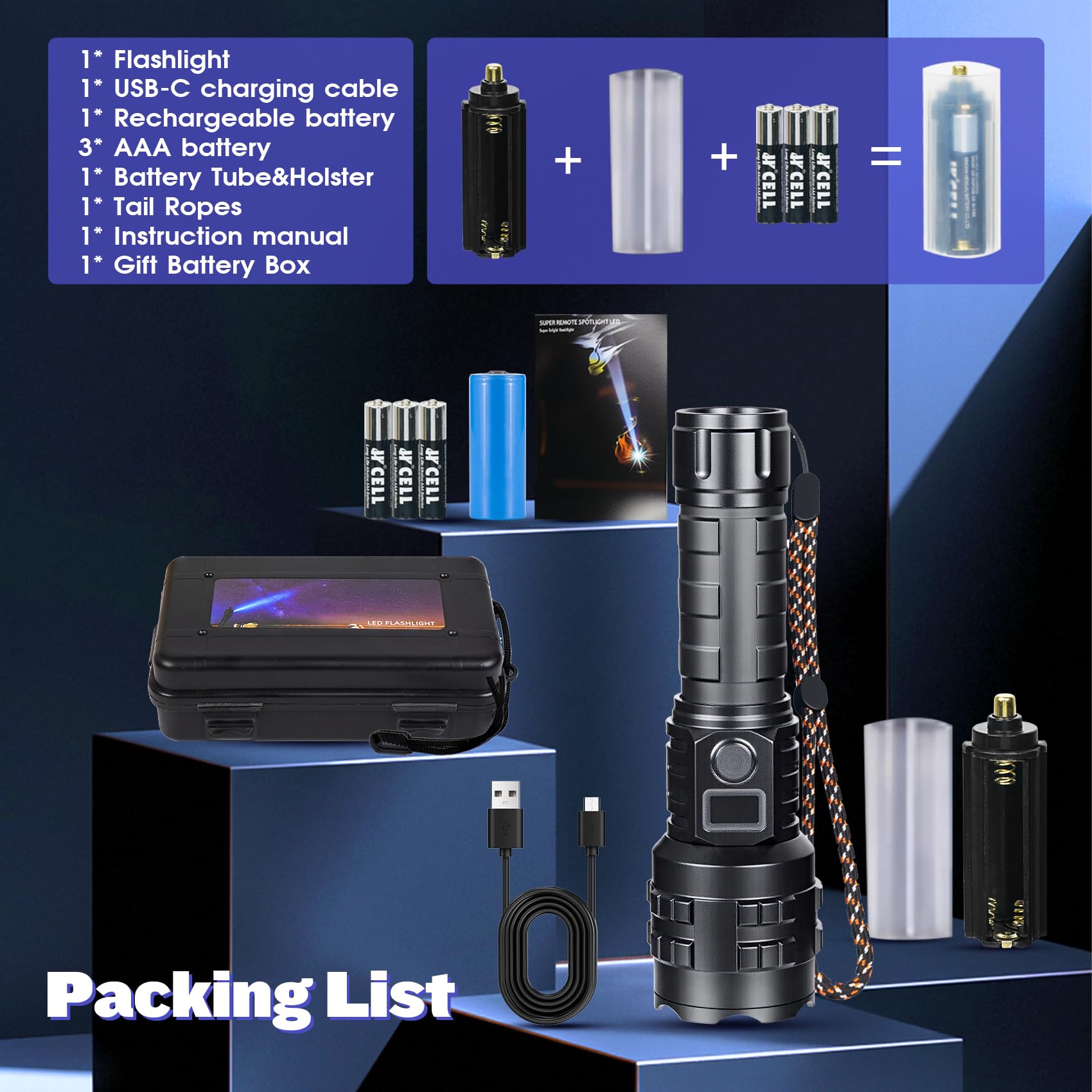 Hmfree Flashlights High Lumens Rechargeable  1000000 Lumens Hight Lumens Super Bright Handheld Led Flash Light Powerful Emergency Linternas  Waterproof  Long Lasting  For Hiking Camping Gift