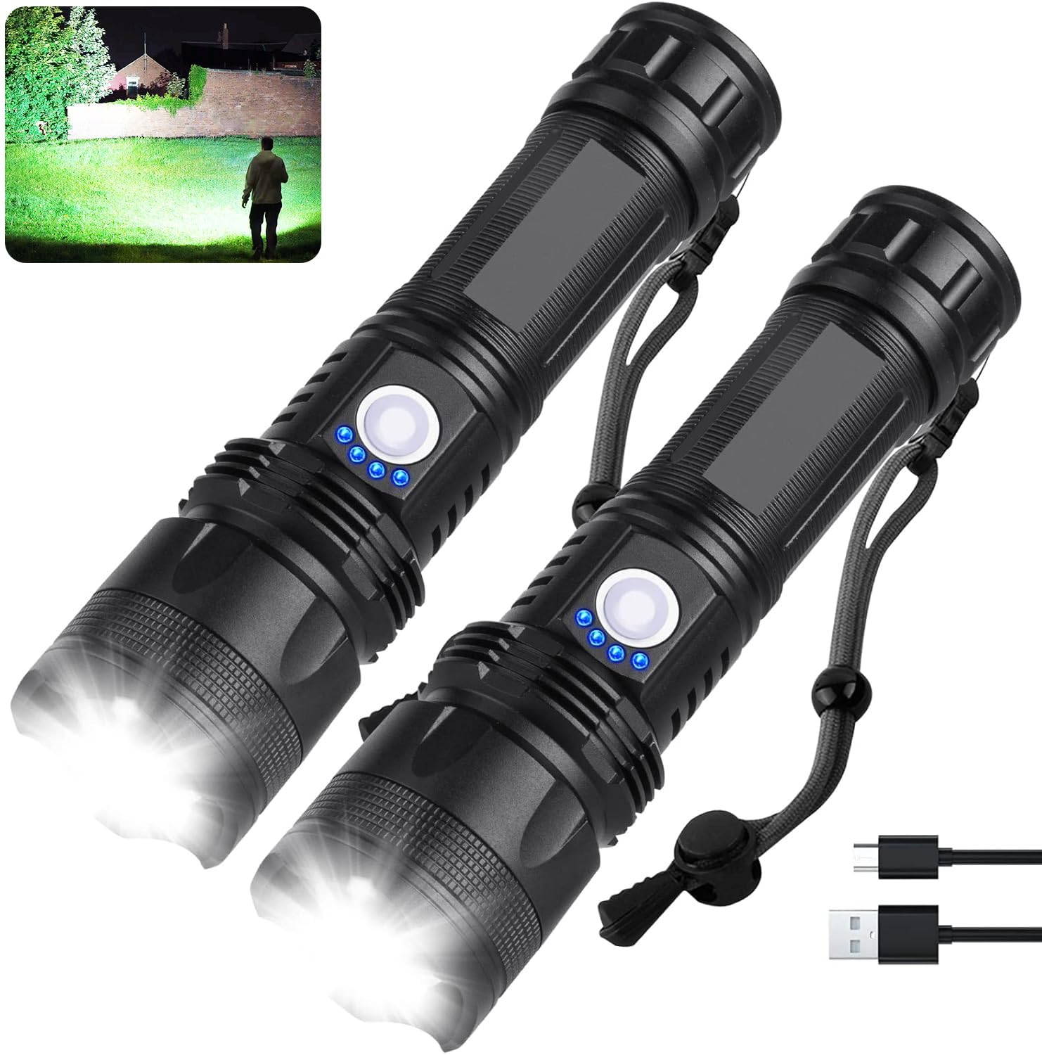 MILAOSHU Rechargeable Flashlights 90,000 Lumens - 2 Pack, LED, 5 Modes, Waterproof, Black, Model P50