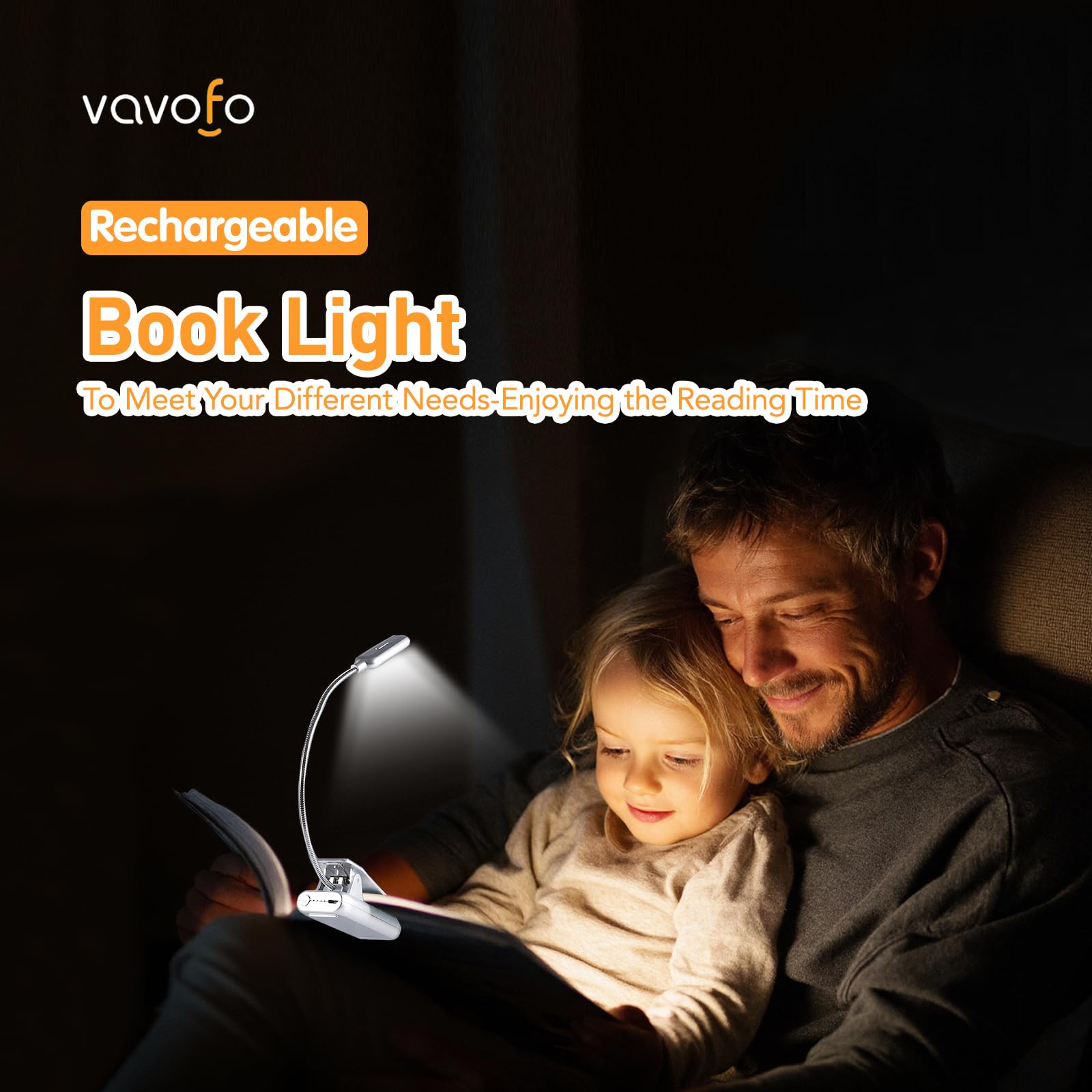 VAVOFO Rechargeable Book Light, 7 LED Eye Care Lamp, 9-Level Warm Cool White, Model KM-6720, Silver
