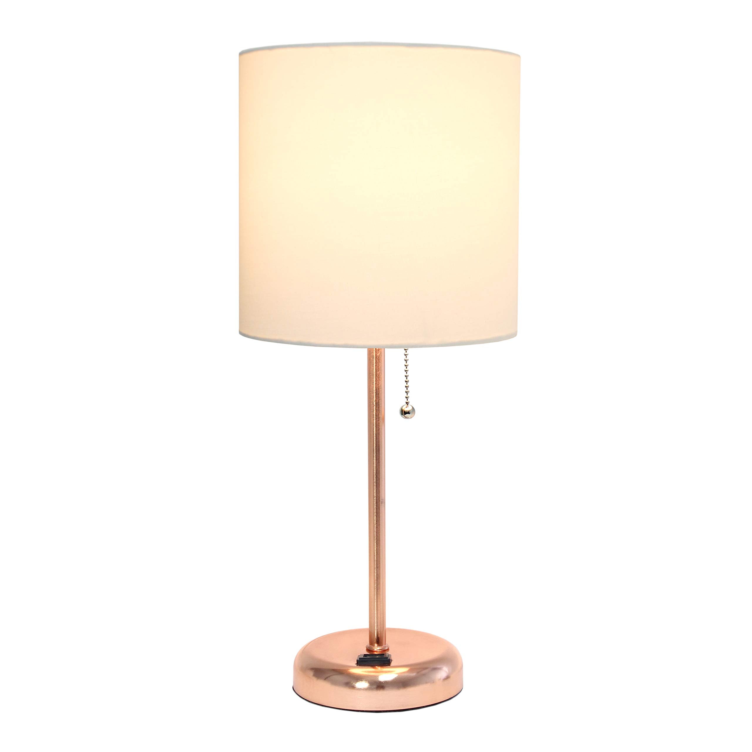 Simple Designs Lt2024-Rgd Rose Gold Stick Table Desk Lamp With Charging Outlet And Drum Fabric Shade, White Shade