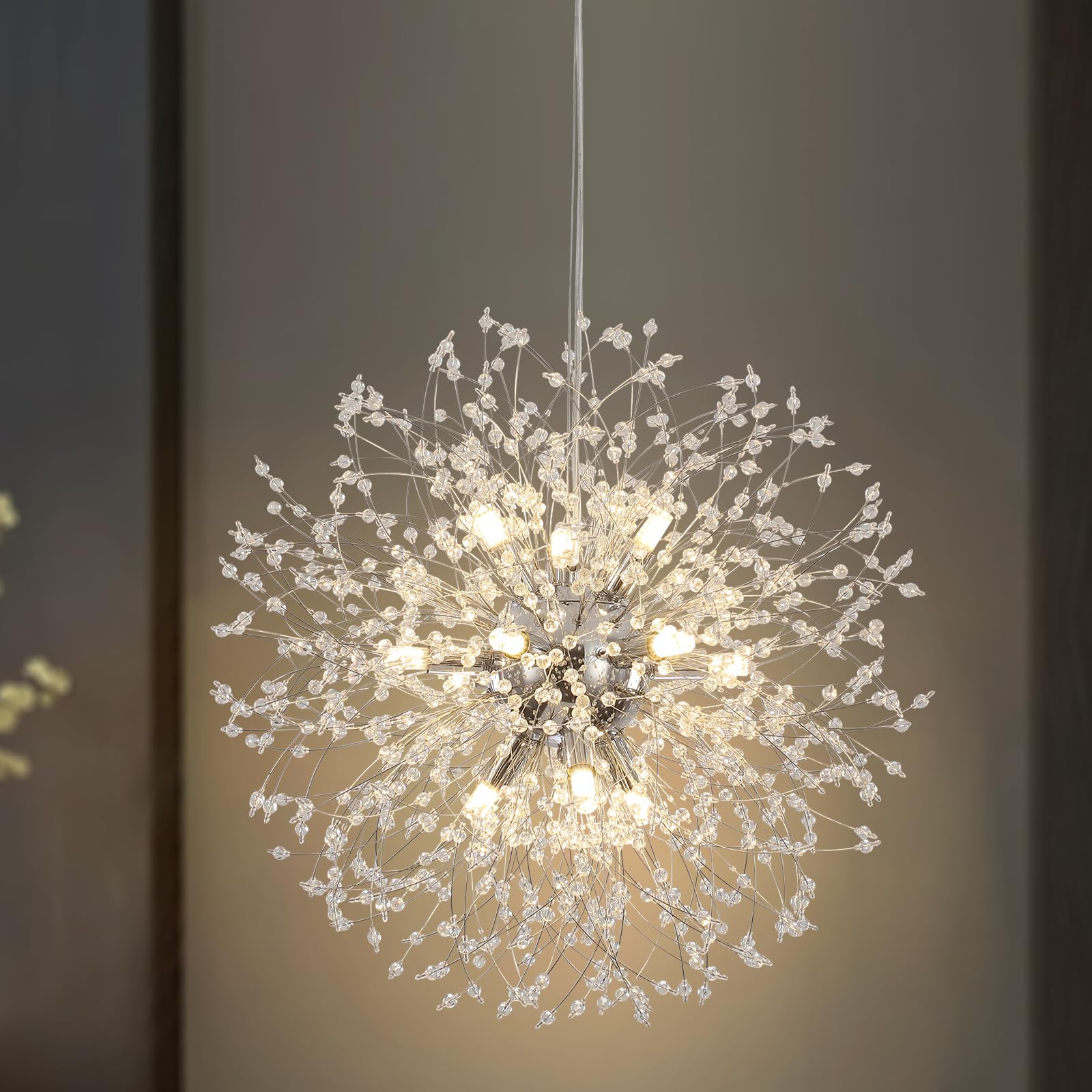 Meijia Modern Crystal Chandelier 12 Lights, 23.6    Dandelion Sputnik Chandeliers Light Fixture Starburst Chrome Chandelier Pend
