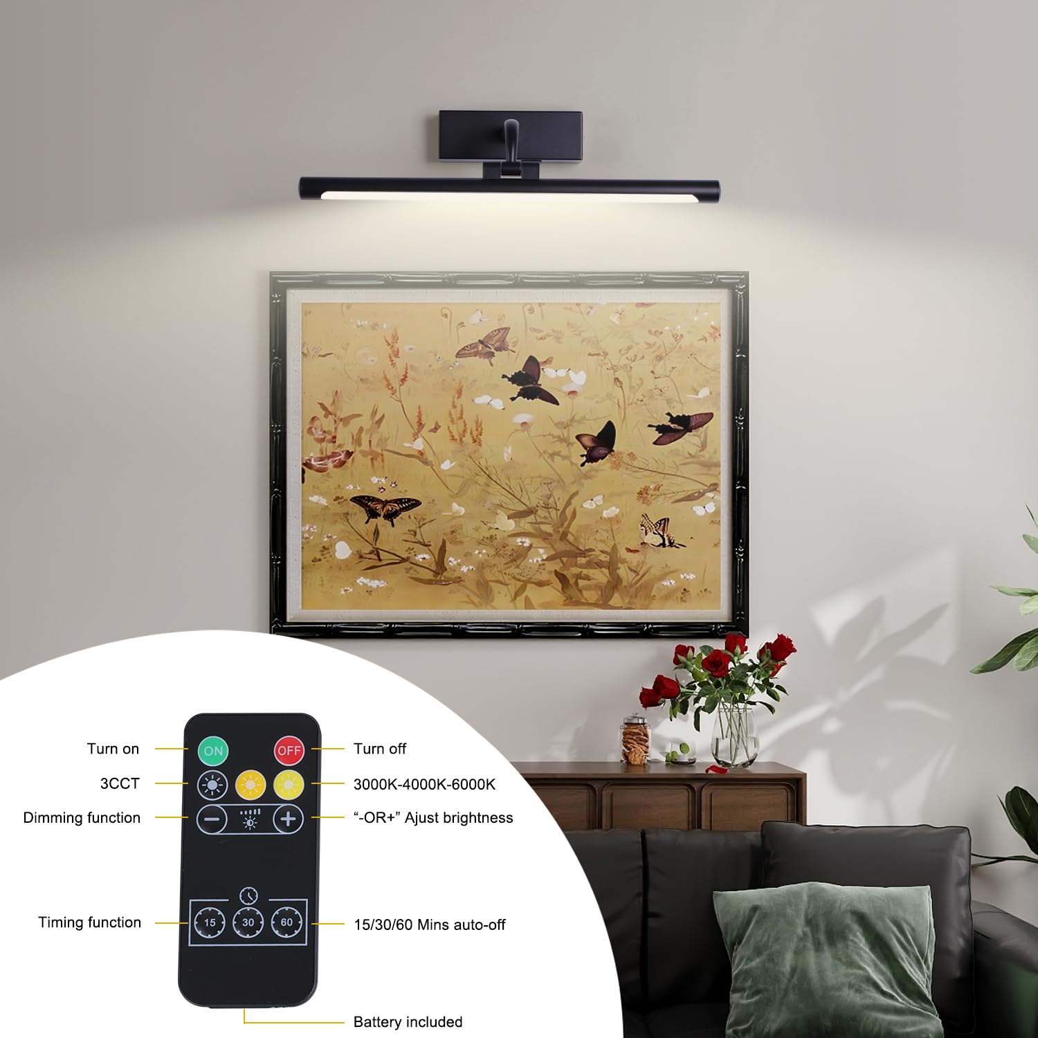 Led Picture Light Fixtures Rechargeable Battery Wall Light For Paintings, Dimmable And Timer Art Light, 3 Colors, Modern And Wir