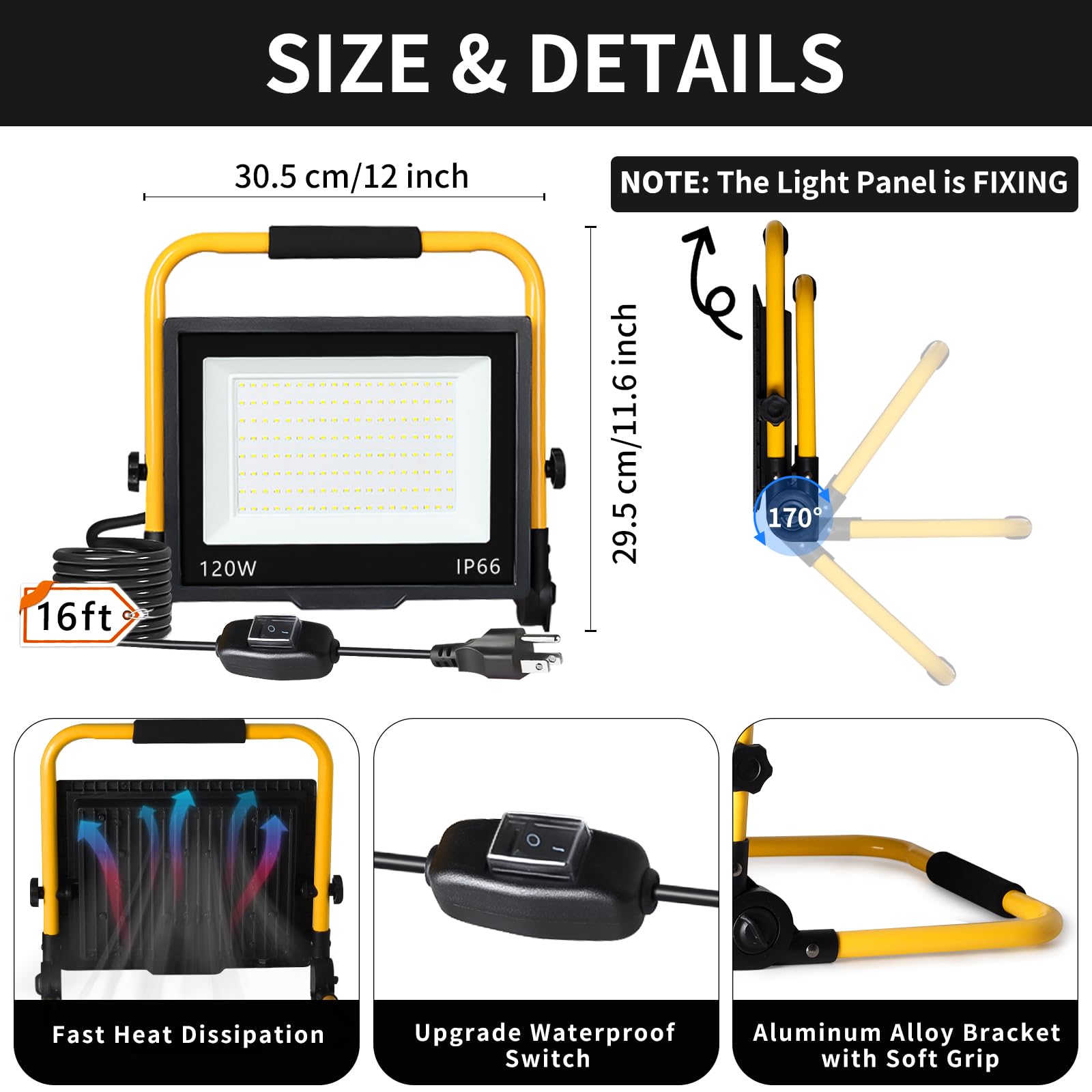 120W Led Work Light, 14400Lm Flood Light With 16Ft Cord & Switch, 1200W Equivalent Portable Working Light With Stand, 5000K Ip66