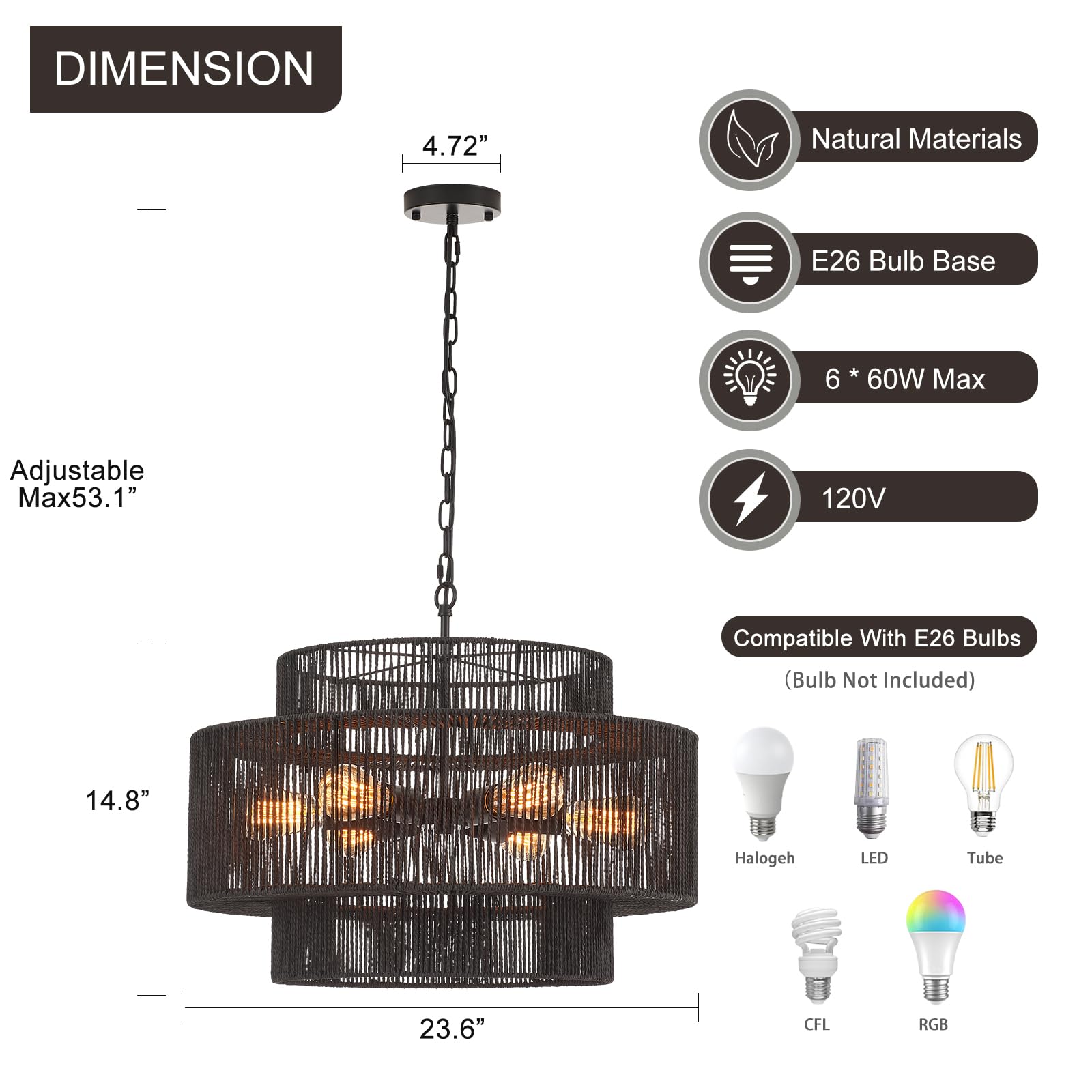 Widluth Hand-Woven Rattan Chandelier Vintage 6-Light Farmhouse Boho Bamboo Chandelier Light Fixture 23.6" Retro 3-Tier Drum Wicker Rattan Black Chandelier For Dining Room, Kitchen Island, Bedroom